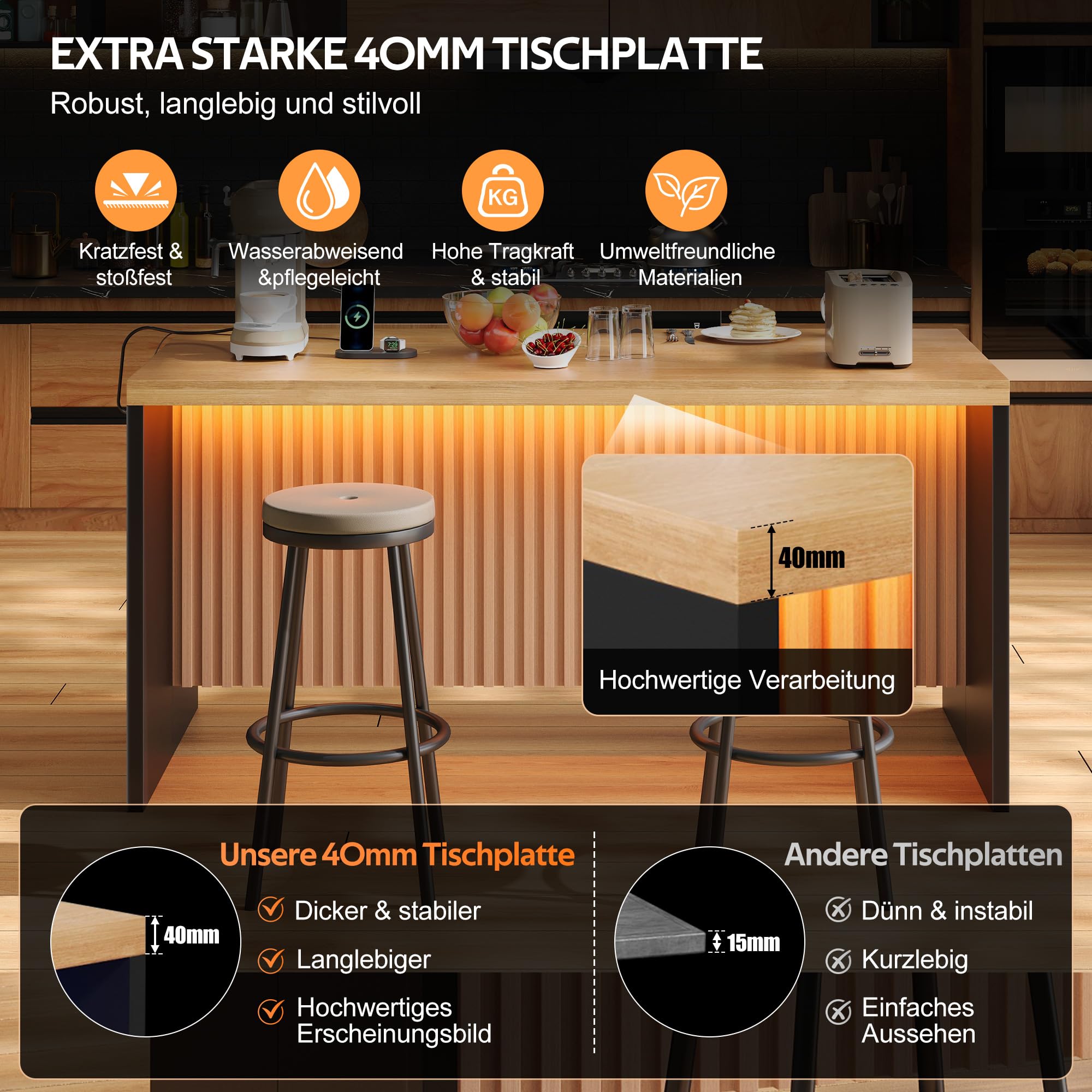 Merax Isola da cucina autoportante con piano di lavoro effetto legno da 40 mm, isola da cucina con LED, presa 2 prese, 2 USB, moderno tavolo da bar per cucina, sala da pranzo, 155 x 80 x 90 cm, nero +
