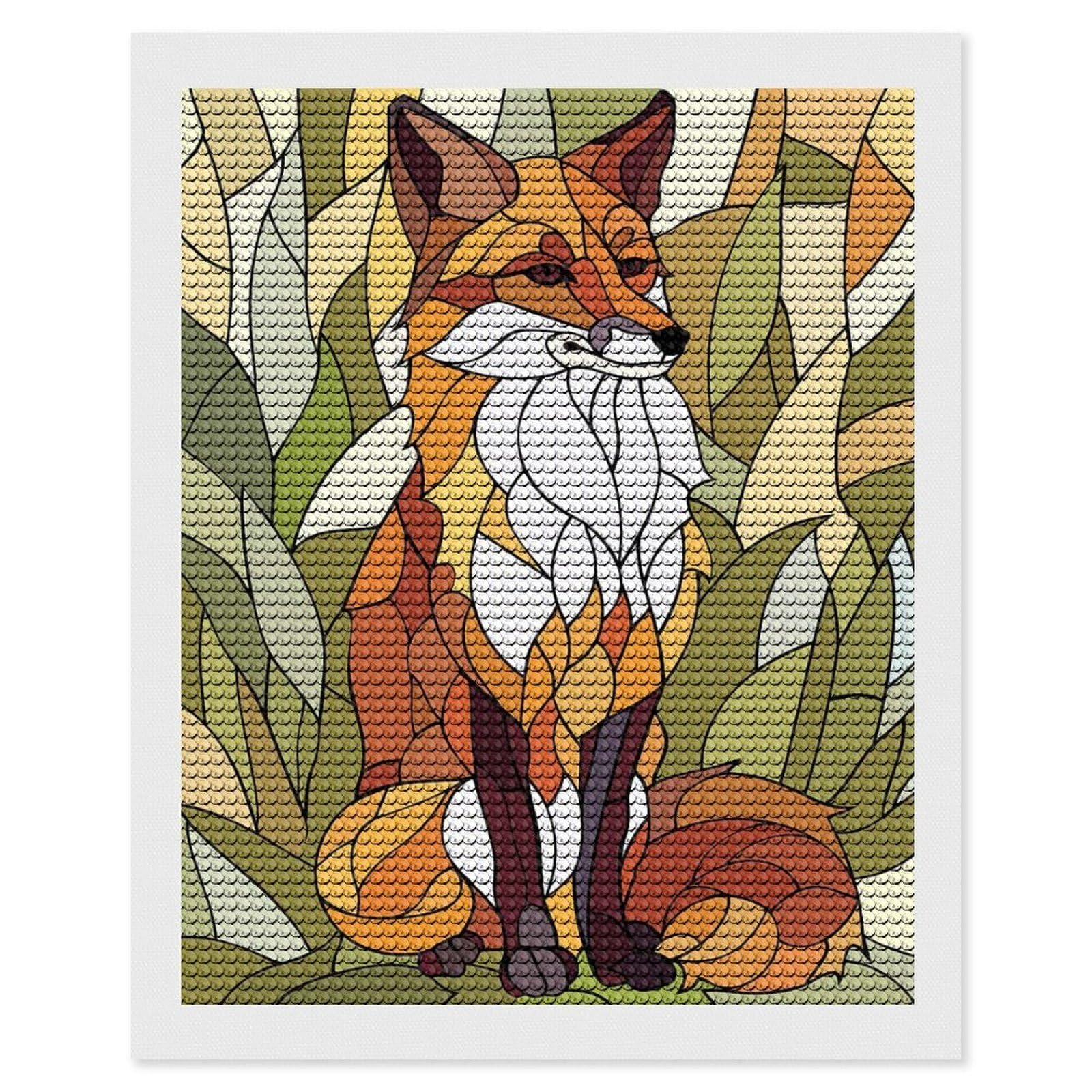 Junmoney Stained Glass Fox in Nature DIY Diamond Art Canvas Kit 16"x20", for Teens, Finish and Display, Holiday Gift Idea, Vintage Style Decor