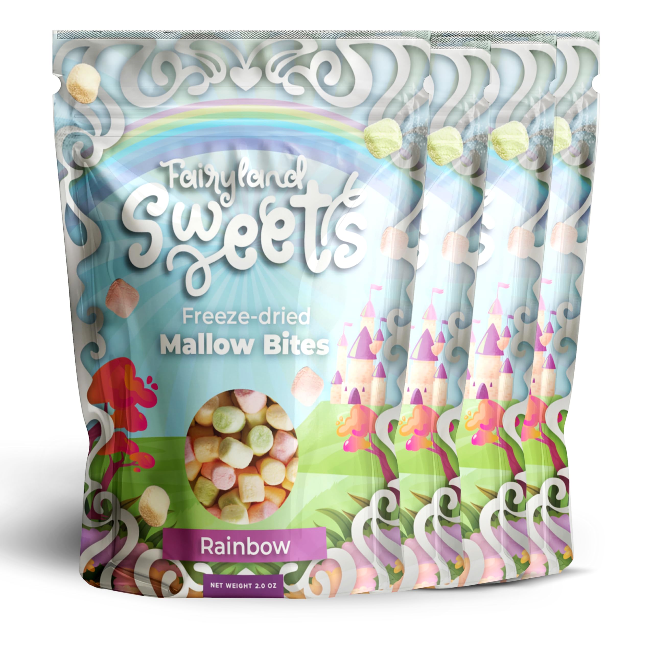 Fairyland Sweets Freeze Dried Candy Mallow Bites Rainbow – Fun, Crunchy Freeze Dried Marshmallows mini assorted strawberry, lemon, orange and lime flavors – 2.0 oz - Resealable Bag (Pack of 04)