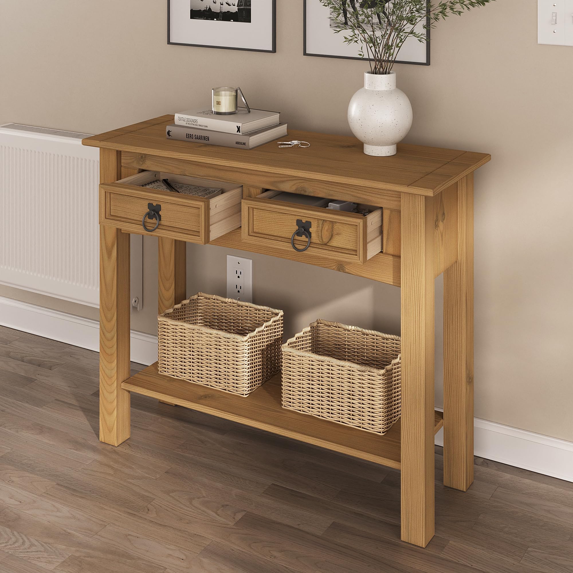 Furniture Dash Solid Wood Console Table Corona with 2 Drawers 34.49" W, 12.64" D, 28.82" H - Farmhouse Entryway Table with Storage Shelf, Tables for Living Room, Hallway Foyer for Office & Bedroom
