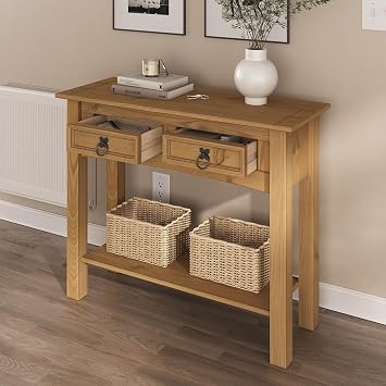 Solid Wood Console Table with 2 Drawers 34.4" W, 12.6" D, 28.8" H - Farmhouse Entryway Table with Storage Shelf, Farmhouse Furniture for Living Room, Hallway Foyer - Corona Collection