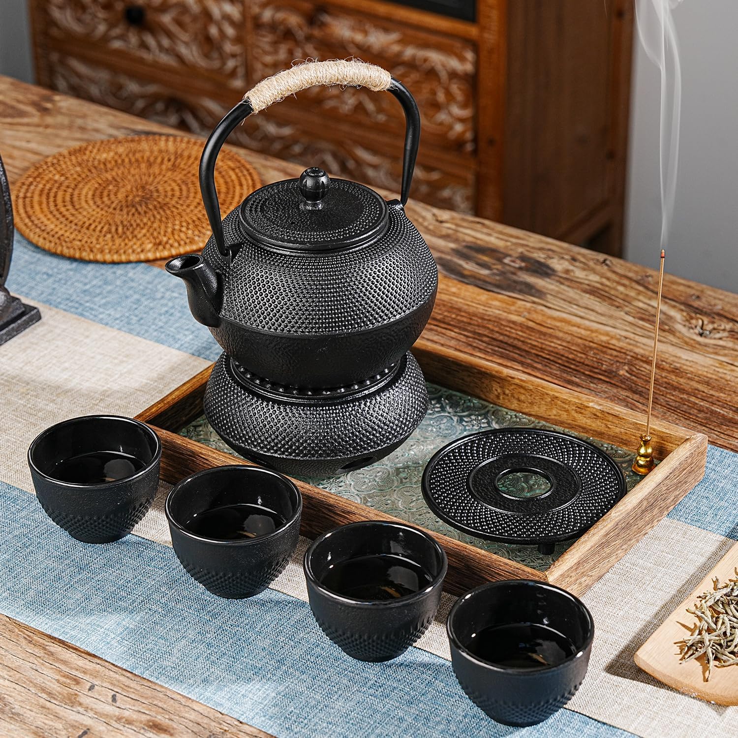 Sungmor Black Cast Iron Teapot Warmer - Japanese Tea Heater Base with Candle Holder, Heat Retaining Stand for Tetsubin or Glass & Ceramic Teapots