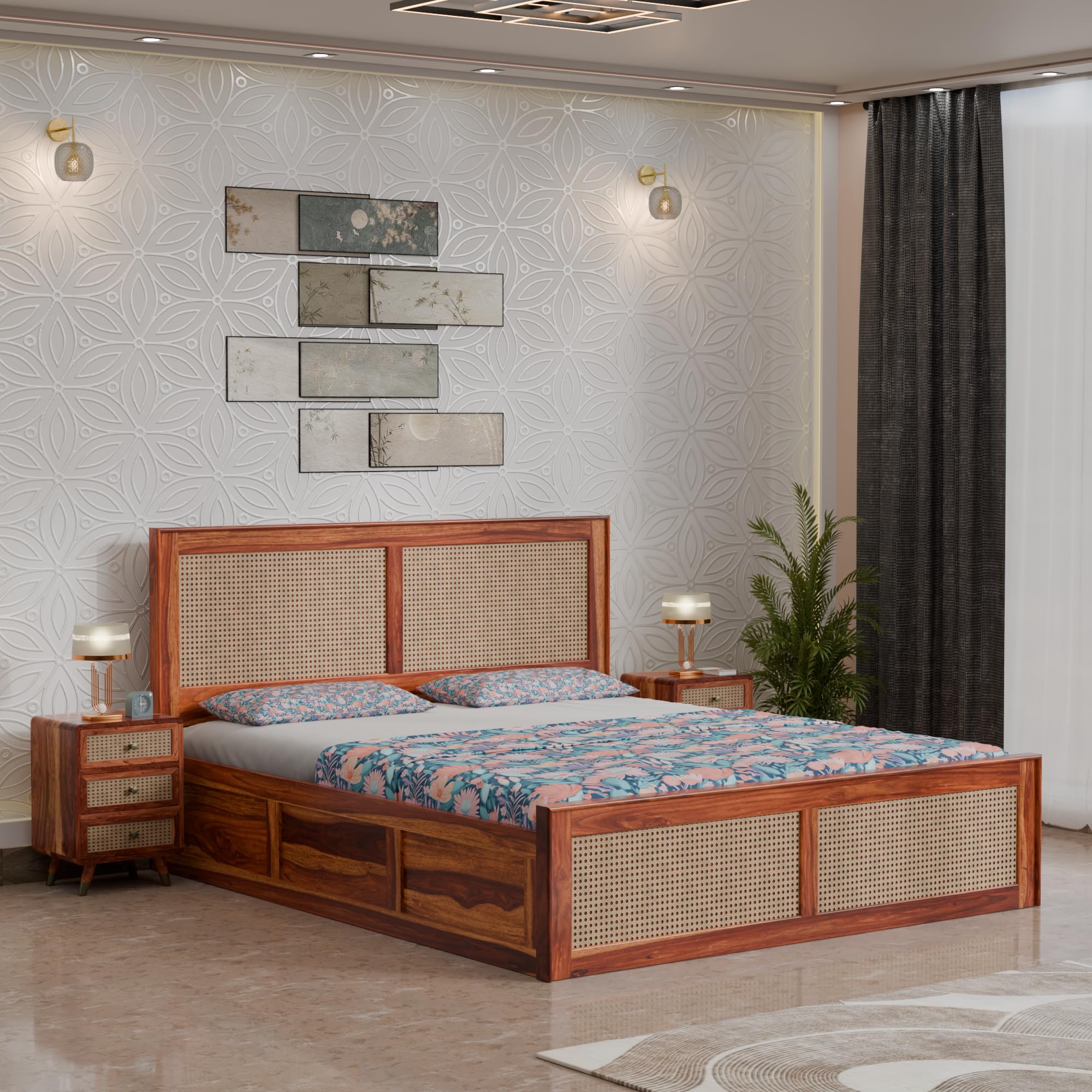 DRIFTINGWOOD Amber Solid Sheesham Wood King Size Bed with Box Storage | Rattan Cane Headboard & Footboard Wooden Bed for Bedroom | Honey Finish (Self Assembly Required)