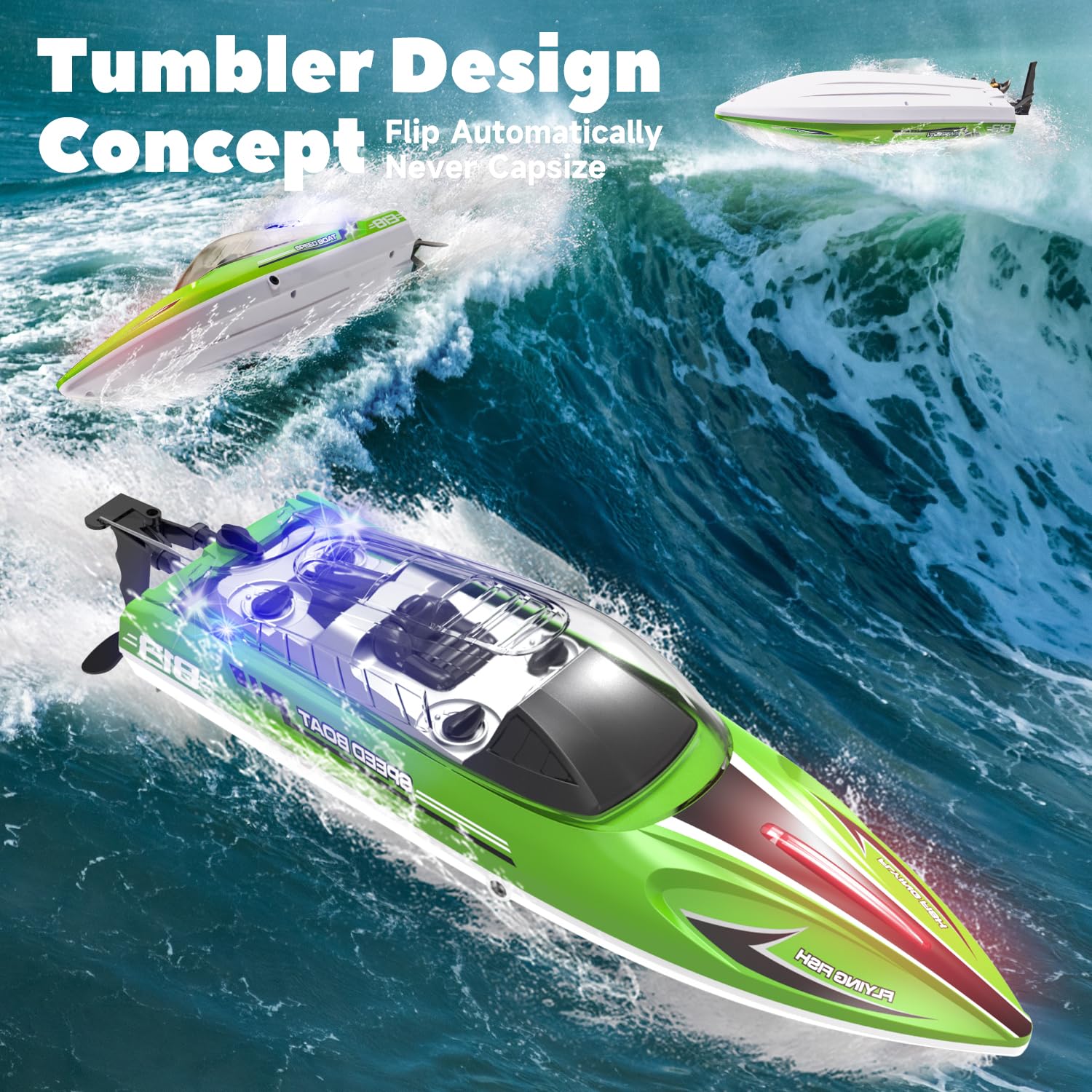 PENGBU RC Zdalnie sterowana łódź od 6 do 8 lat, 1:16 RC Boot zdalnie sterowana 28 km/h, Speedboot z pilotem zdalnego sterowania, dla dzieci od 6 do 8 lat, zabawka basenowa z 2 akumulatorami, podwójna