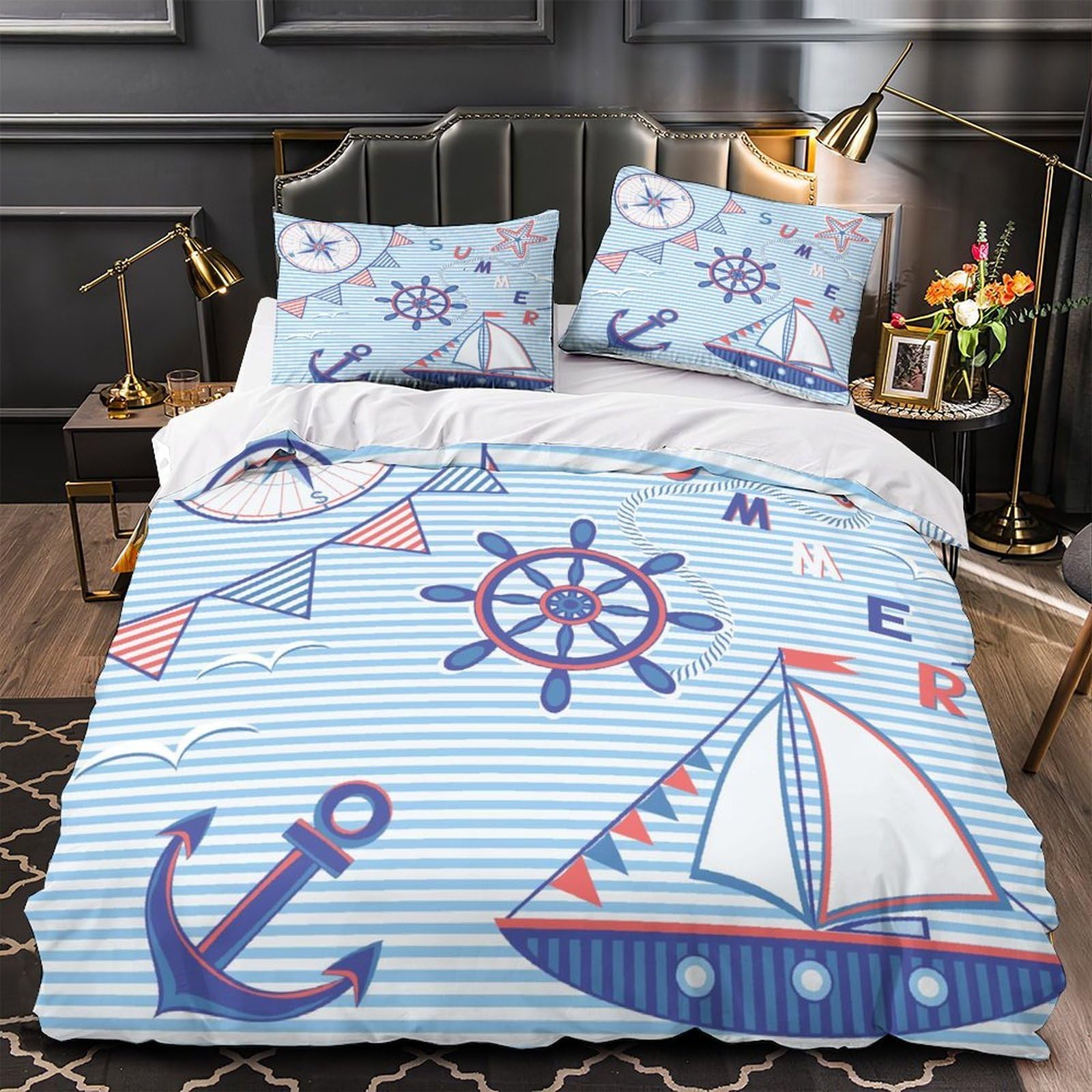 Housse de couette 140x200 vintage lit simple parure de lit maritime douce