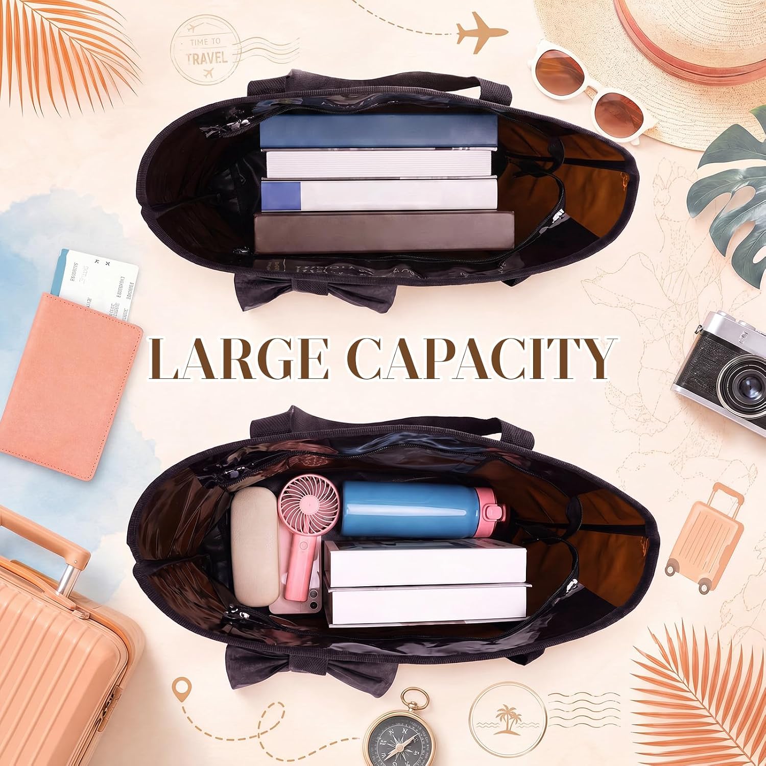 Hsei 2 Pcs Bow Tote Bag with Phone Pouch Waterproof PVC Jelly Bag with Zipper Top for Women Work Beach Shopping