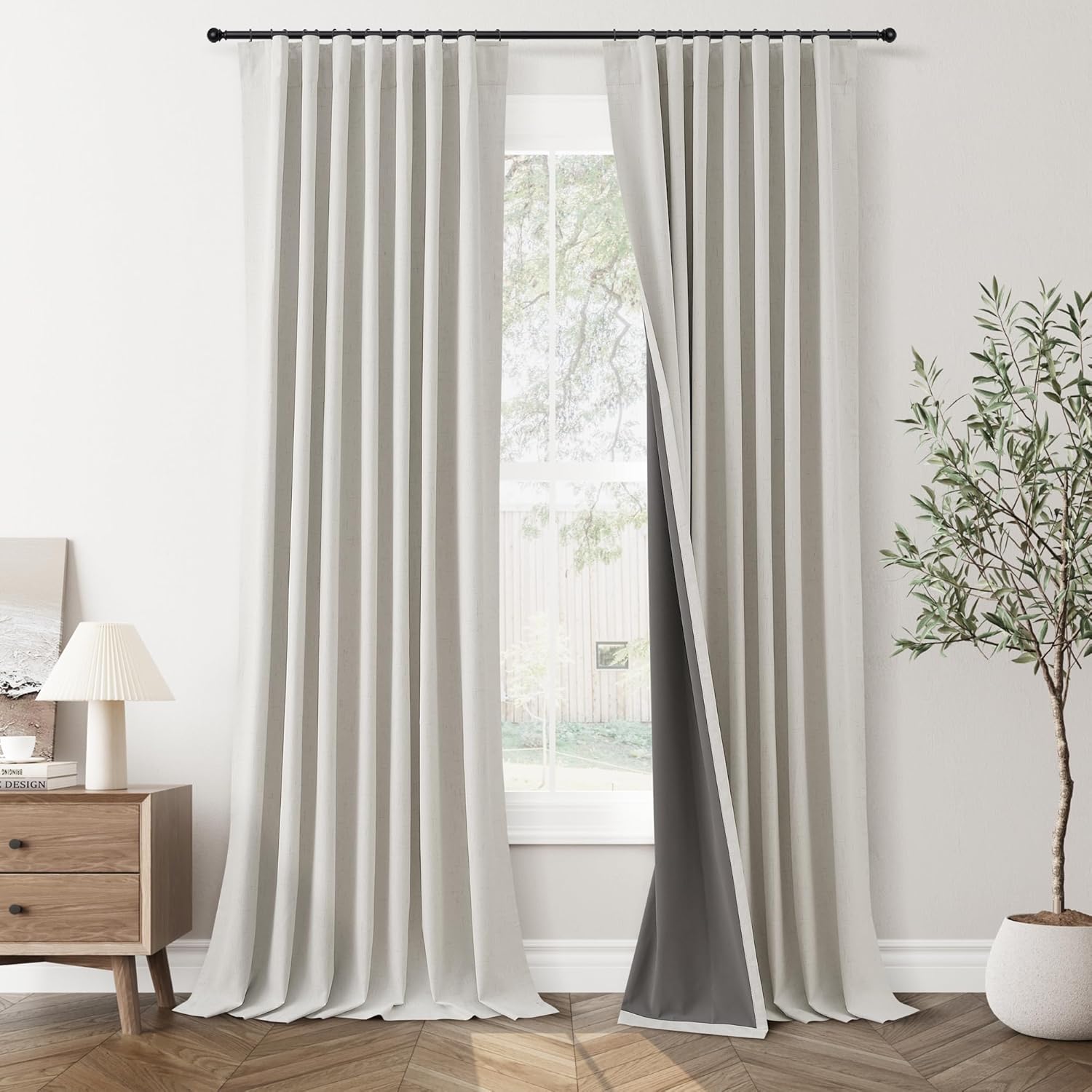 100% Blackout Curtains 84 Inch Length 2 Panels Set Farmhouse Style for Bedroom Windows Living Room Darkening Thermal Insulated Drapes Linen Blend Natural 7ft Long Hook Belt Pleated Back Tab