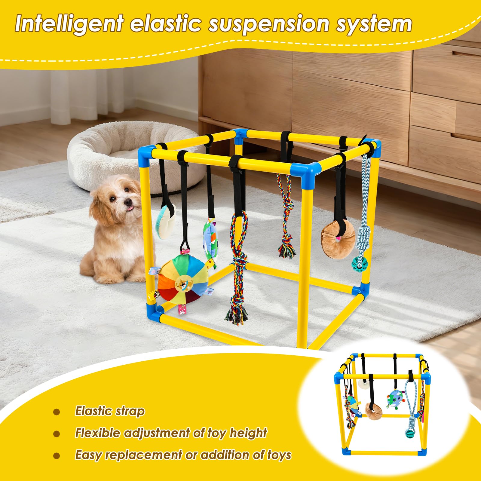 Welpen Spielzeug Set für drinnen, 50x50x50cm Welpen Spieltrapez mit 8 hängenden Kauspielzeugen & Klettverschlüssen, PVC-Rahmen zur Zahnung & Beschäftigung für kleine Hunde