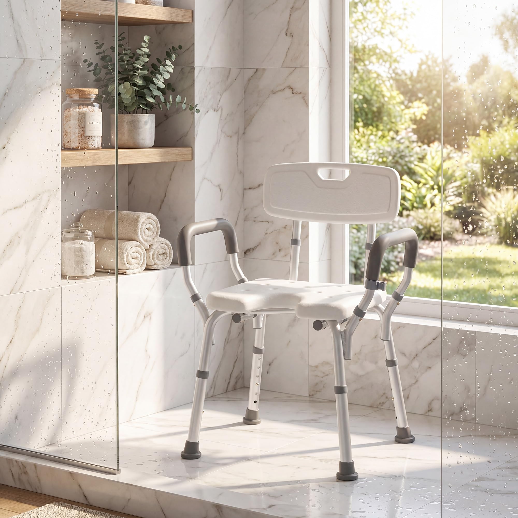 RELAX4LIFE Silla Ducha con Reposabrazos, Taburete Baño Ortopédico con 6 Alturas Ajustables, Soporte para Cabezal de Ducha, Marco de Alumnio, Asiento Antideslizante para Baño, Carga 136 kg