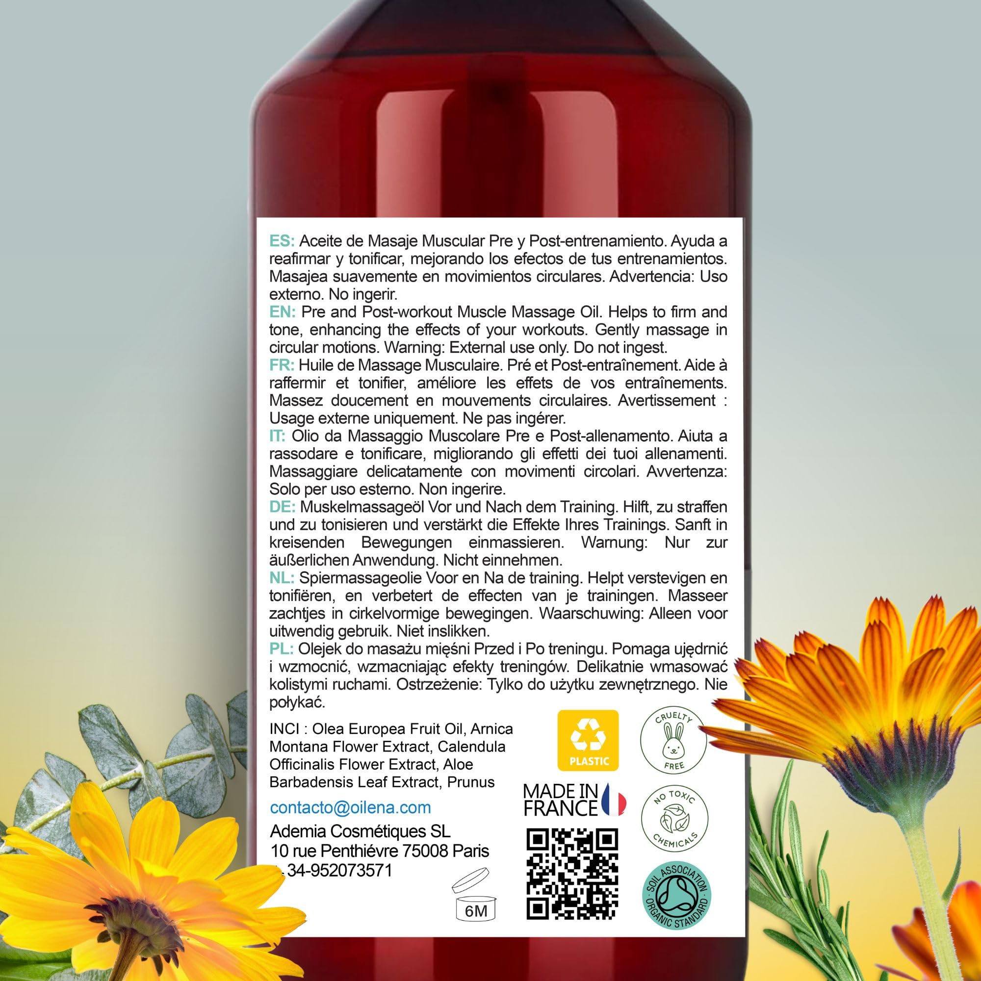Huile de Massage Pro 500ml | Réparatrice, Relaxante | Soulage Muscles | Raffermissante | Pré/Post Workout | Aloe, Arnica, Calendula, Romarin, Eucalyptus