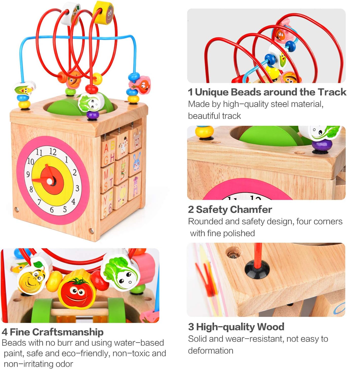 Victostar 6 in 1 Wooden Activity Cube Bead Maze Multipurpose Educational Toy Wood Shape Color Sorter for Kids