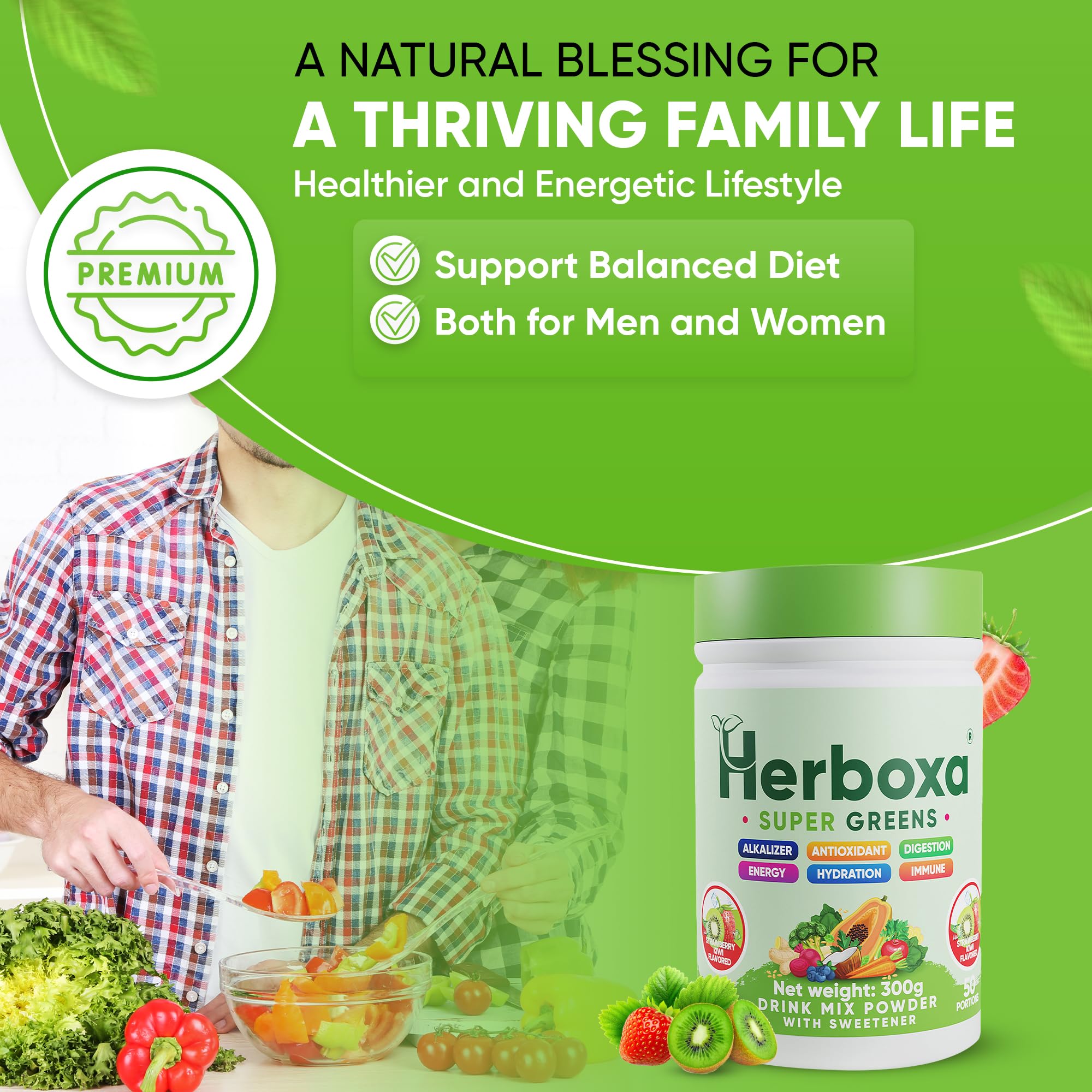 Herboxa SUPER GREENS Integratore Verde 50 Porzioni Fibra Probiotici Enzimi Digestivi Radice di Cicoria Zinco Cromo Gusto Fragola Kiwi Naturale Senza Zuccheri