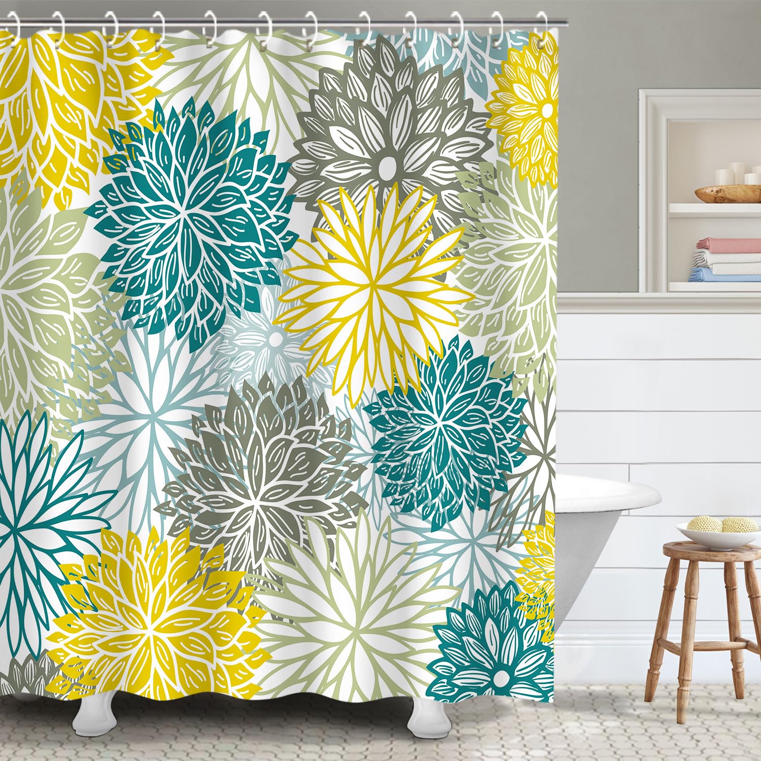 RosieLily Dahlia Shower Curtain - Blue, Yellow & Gray, 72 x 72 Inch, Navy Brown, Pretty Unique Flower Bathroom Decor Set with 12 Hooks