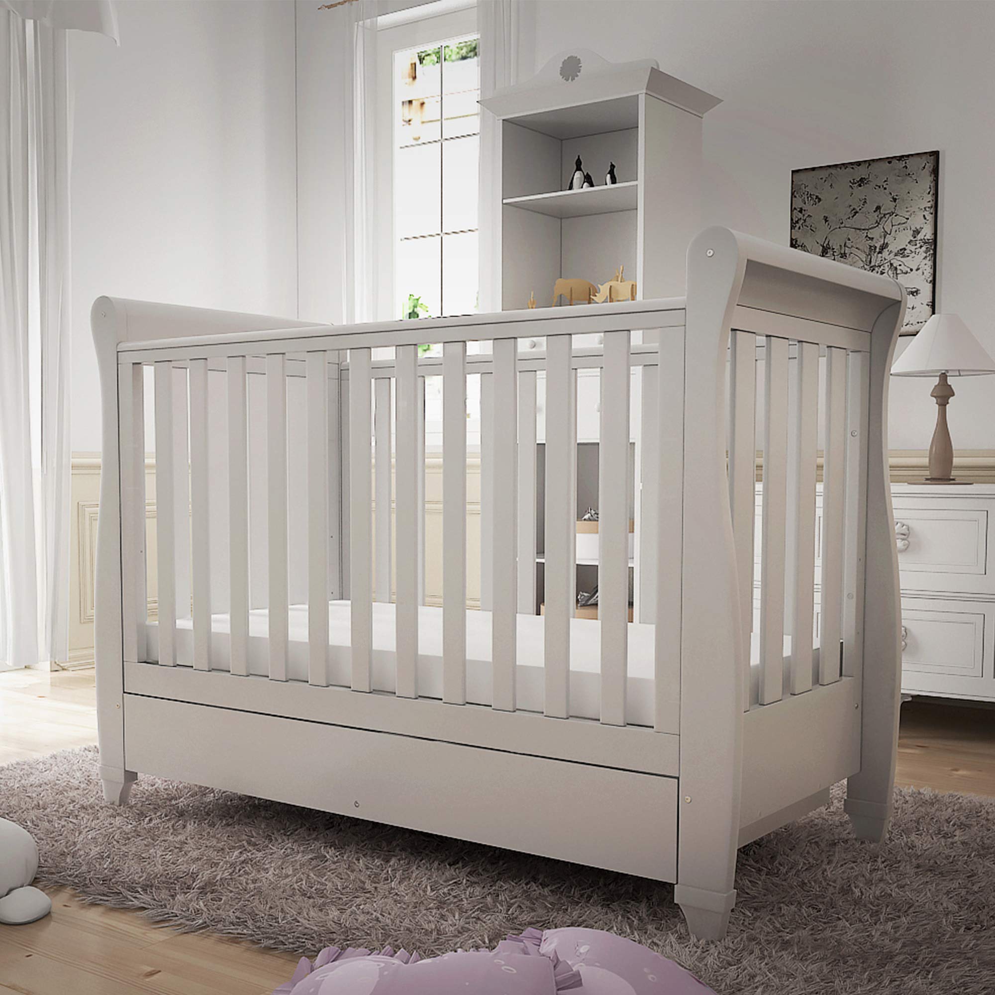 Buy Babymore Eva Sleigh Cot Bed Drop Side with Drawer & Include