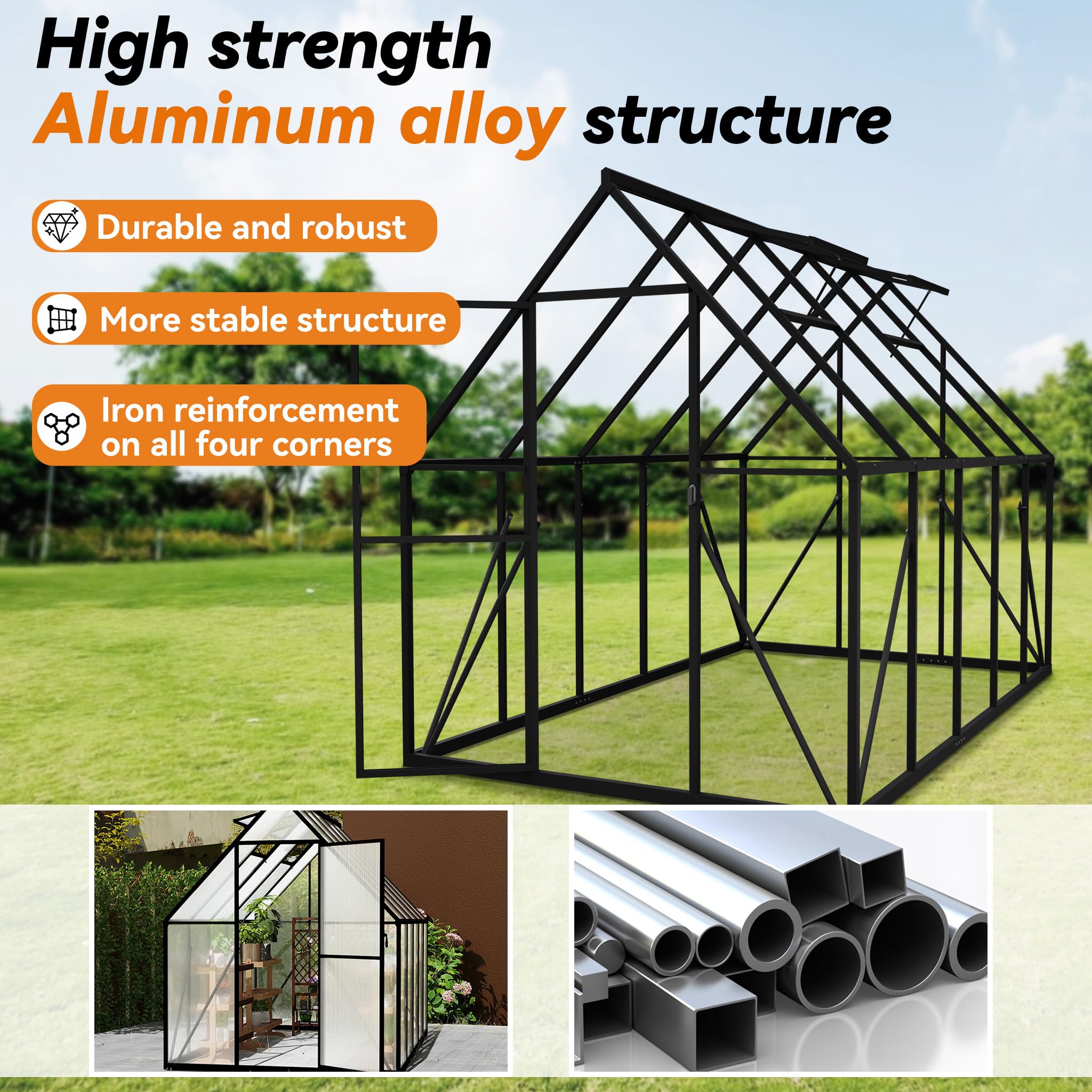 FIVMEN Gewächshaus Aluminium Gartengewächshäuser mit 6 cm Fundament und 4 mm PC Platte Treibhaus Tomatenhaus Gartenhaus UV beständig Wetterfest für den Garten, 280x180x195 cm