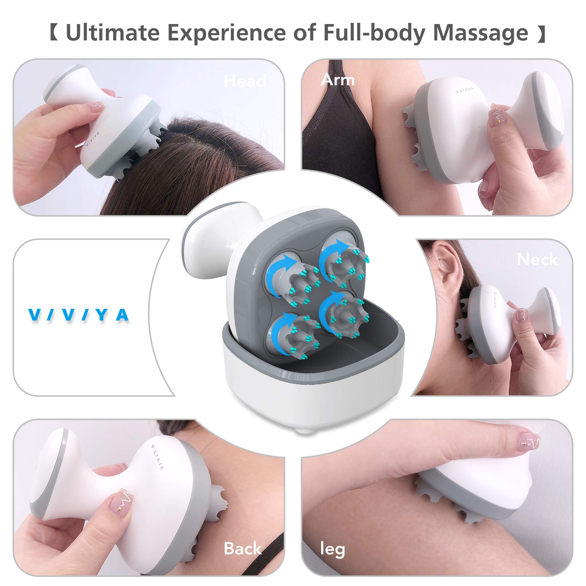 VIVIYA Electric Scalp Massager, Portable Rechargeable Head Massager with 8 Removable Massage Claws, Waterproof Handheld Hair Scalp Scratcher for Full-Body Massage, Hair Growth and Stress Relax