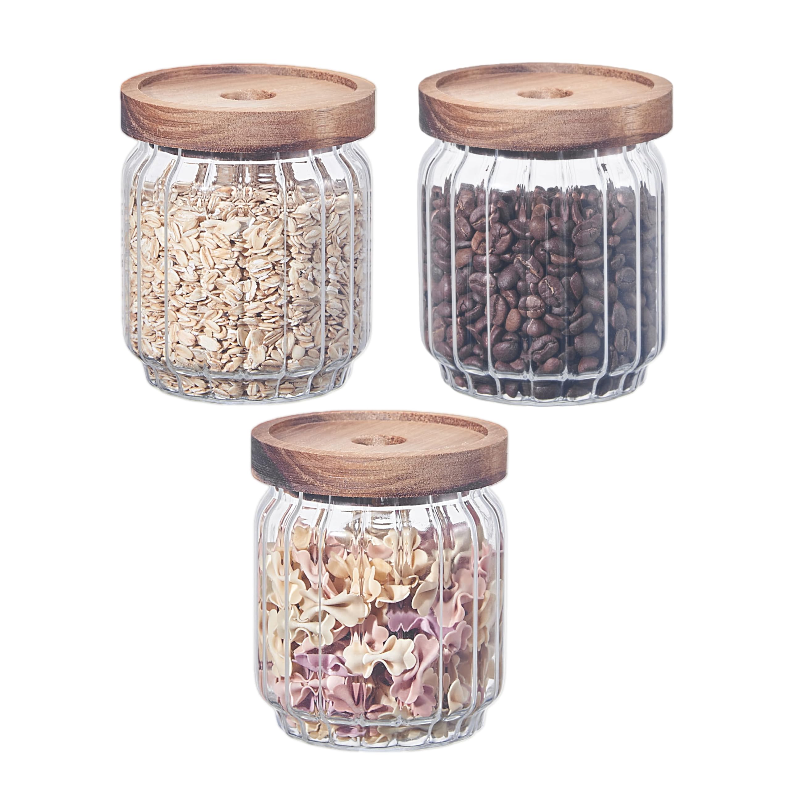 Eden & Willow Transparent Ribbed Airtight Glass Kitchen Storage Jar With Acacia Wooden Lid - Pantry Organisation Canisters For Coffee, Tea, Sugar, Flour, Pasta, Spices, Grains, Oats (3, 450Ml)