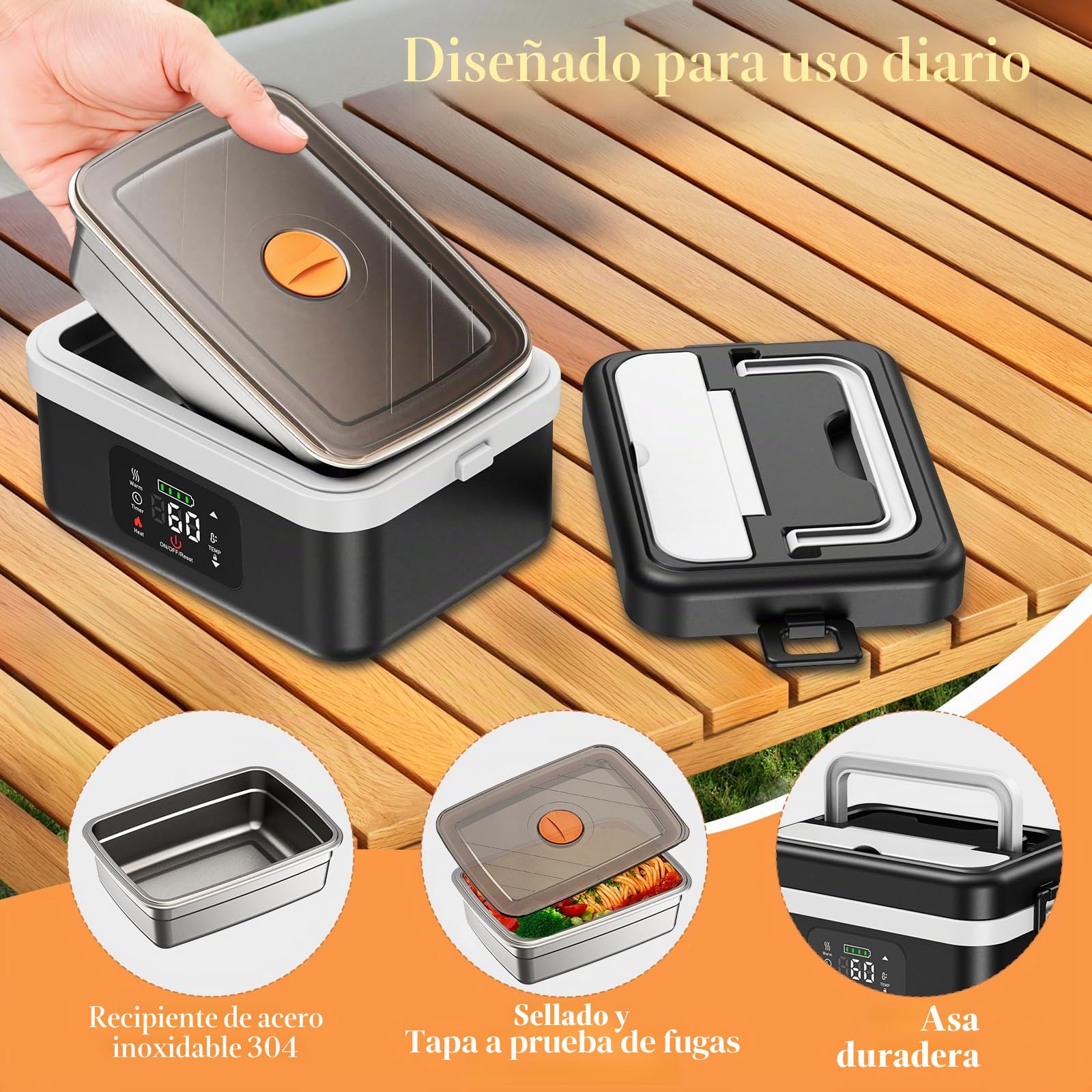 Fiambrera Eléctrica, Recargable Taper Electrico Para Comida de 16 000 mAh, Calentador de Alimentos portátil de 1 l con Calentamiento Automático para Oficina, Picnic, Coche y Uso al Aire Libre
