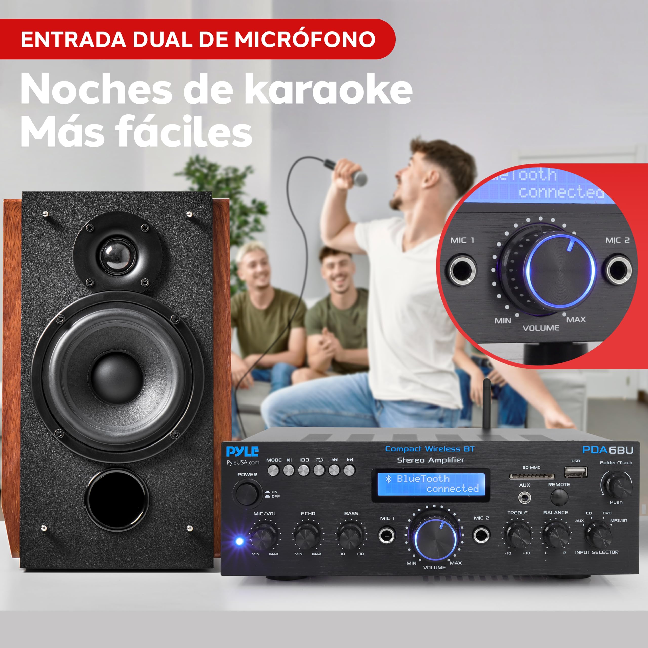 Pyle Sistema Amplificador de Potencia de Audio,200V, Inalambrico, Estereo, USB, SD, AUX, Entrada de Microfono para Karaoke, Radio, Pantalla LCD, RCA