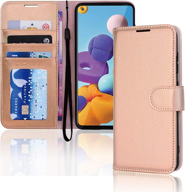 TECHGEAR Galaxy A21s Leather Wallet Case, Flip Protective Case Cover with Wallet Card Holder, Stand and Wrist Strap - Rose Gold PU Leather with Magnetic Closure Designed For Samsung Galaxy A21s