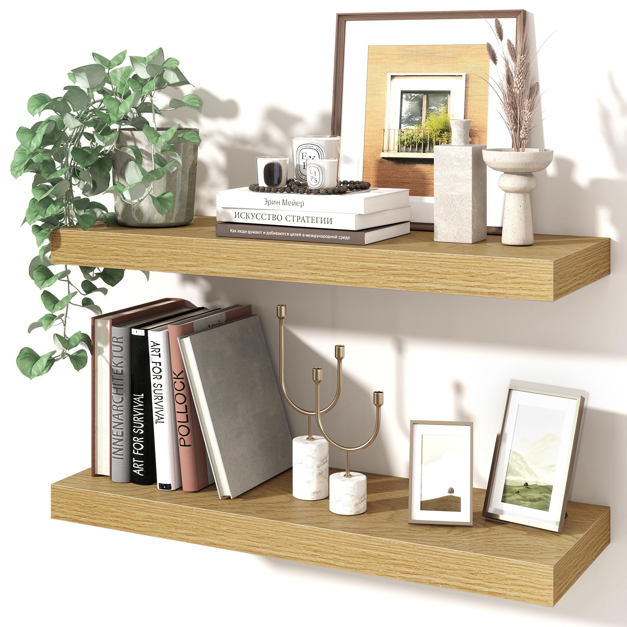 Floating Shelves Set of 2, 60cm Wooden Wall Shelves with Invisible Brackets