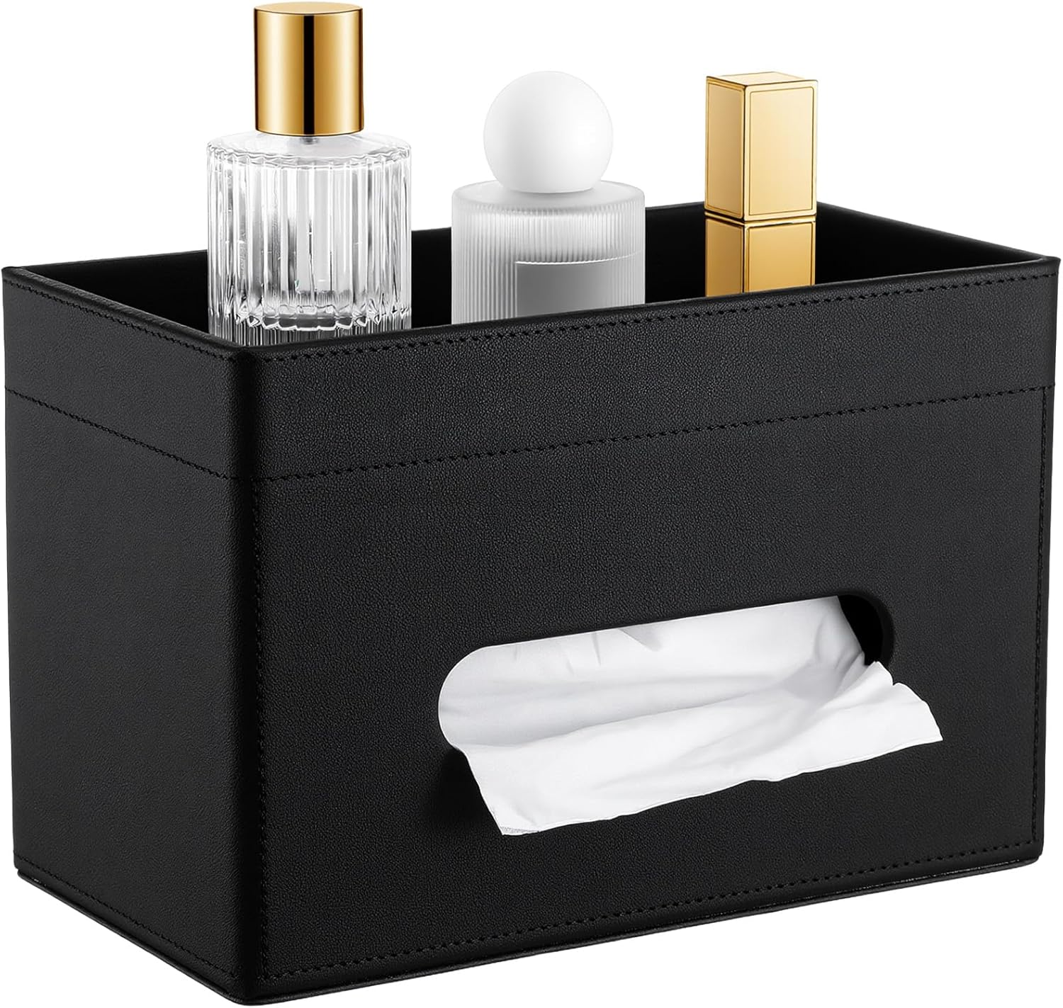 PU Leather Tissue Box Cover with Storage Tray, Rectangle Decorative Organizer Holder for Bathroom Vanity, Bedroom Dresser, Office and Nightstand, Black