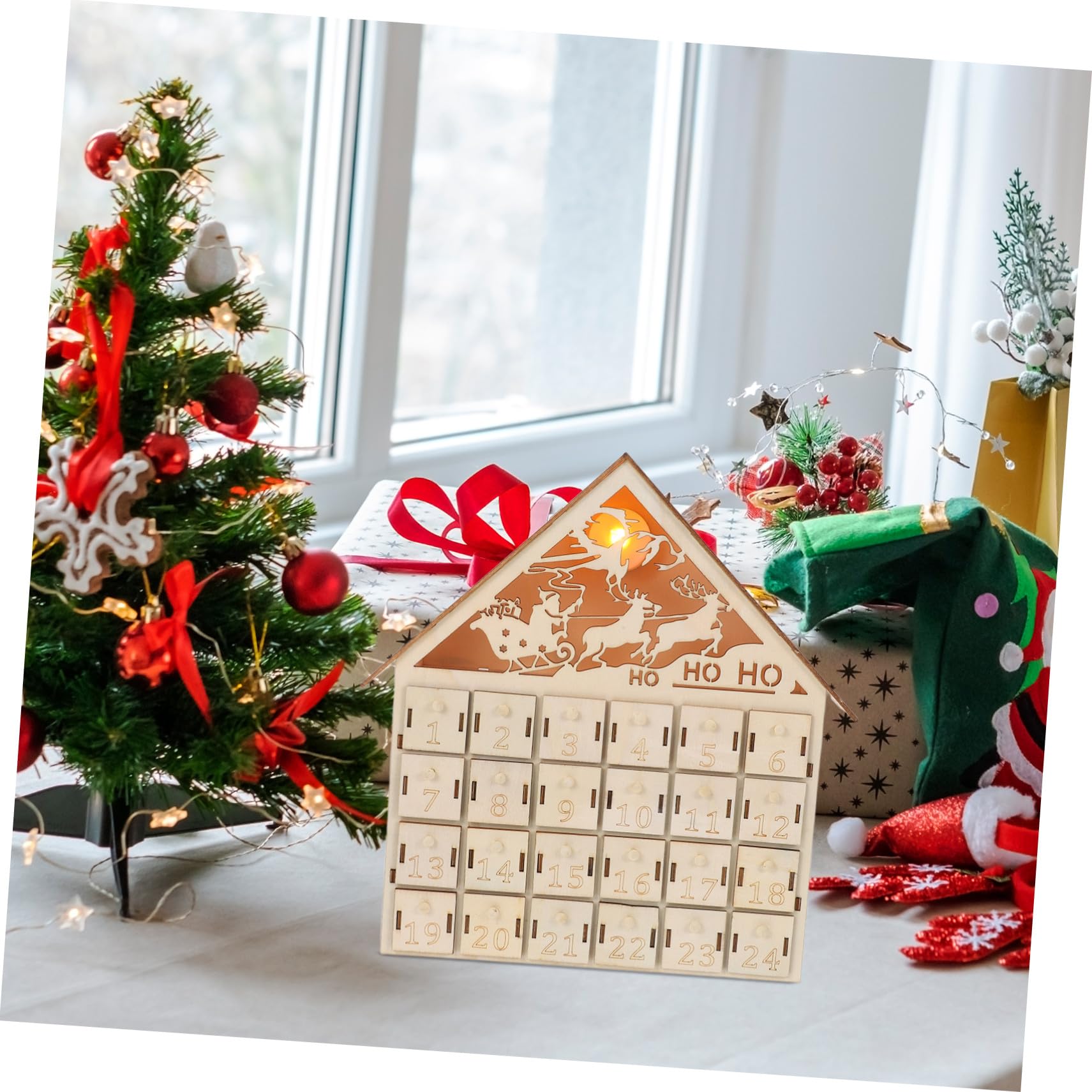 Amosfun 24cassetto Calendario Avvento Illuminato in Legno Per Natale Decorazione Riutilizzabile Per Casa Avvento Da Tavolo