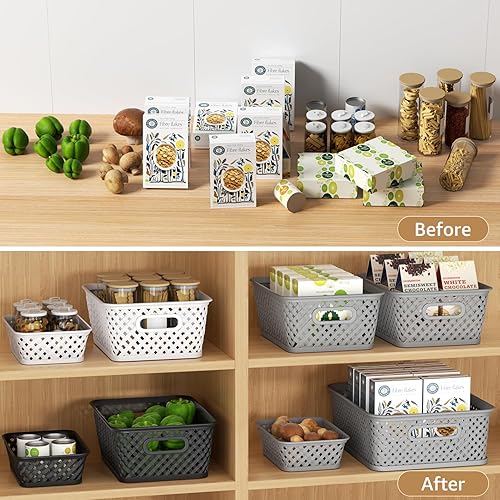 Miniatura 4 de MaxGear Organization and Storage 3 Packs, Plastic Bins Organizer Bins, Woven Baskets for Storage, Plastic Baskets with Handles, Black Basket for