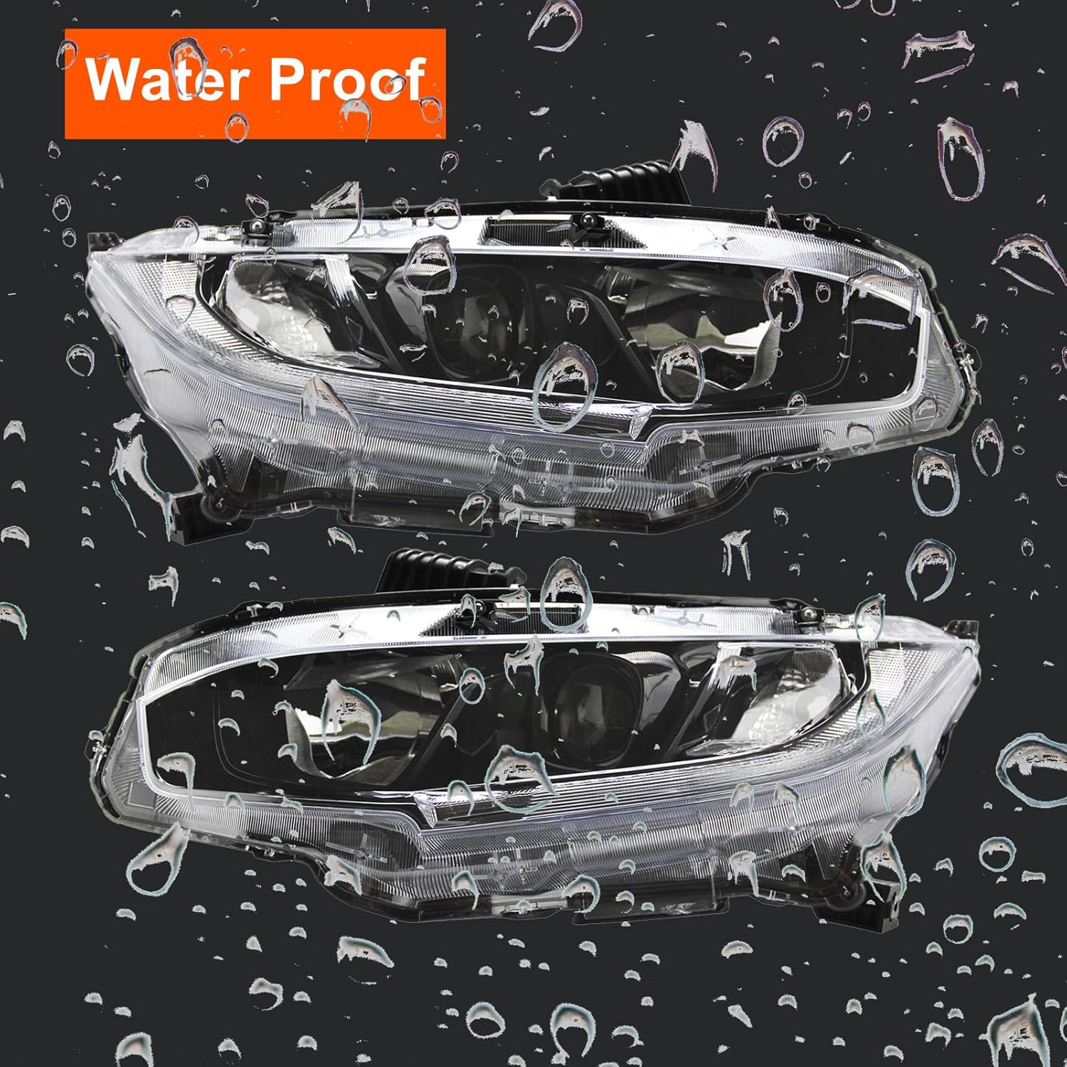 Black Housing Headlight Assembly w/LED DRL Compatible with 2016-2021 Honda Civic Halogen Headlamps Driver and Passenger Side