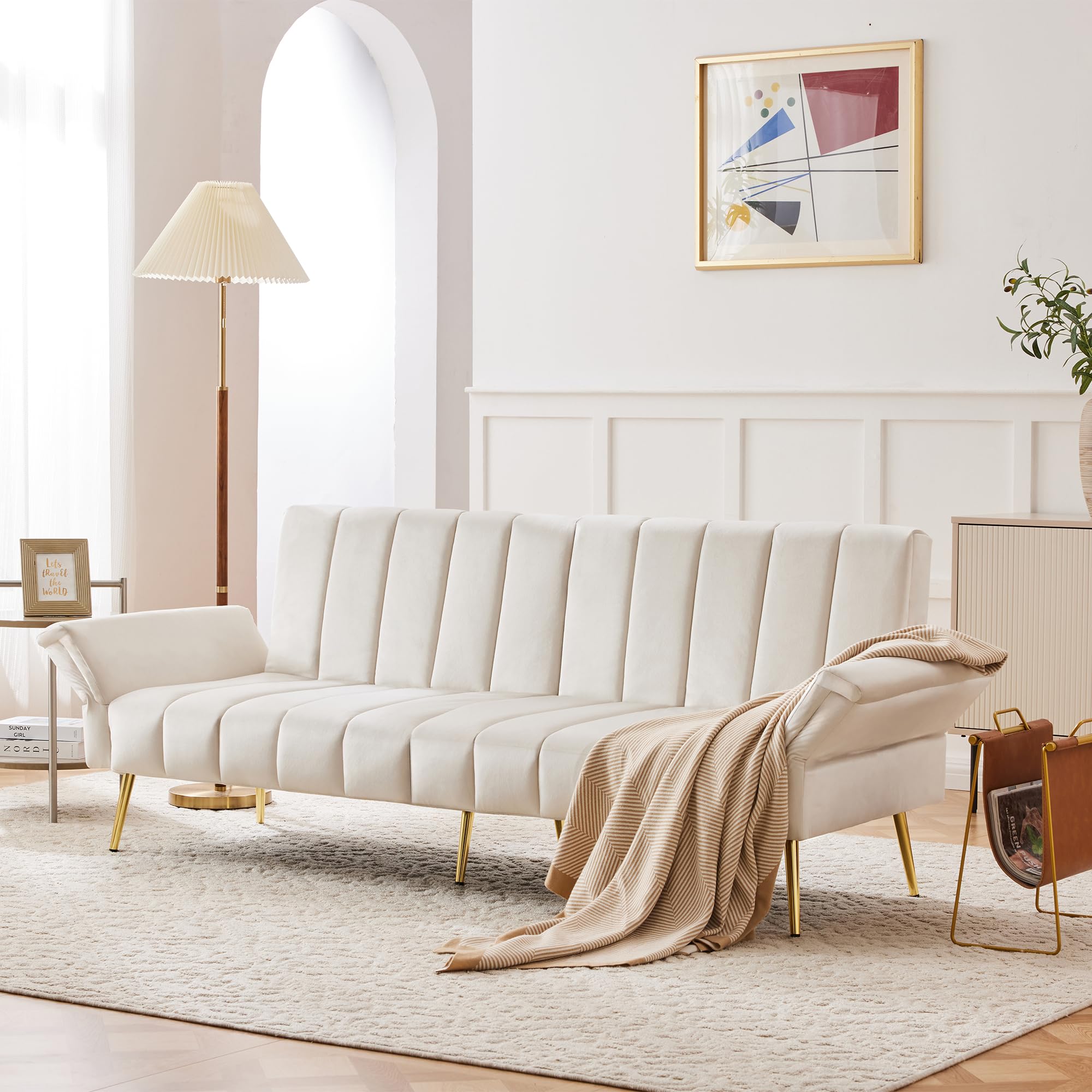 Moderno divano letto pieghevole, divano letto con piedini ausiliari, funzione sonno, tessuto in velluto, adatto per soggiorno, camera da letto, home cinema, camera degli ospiti (beige)