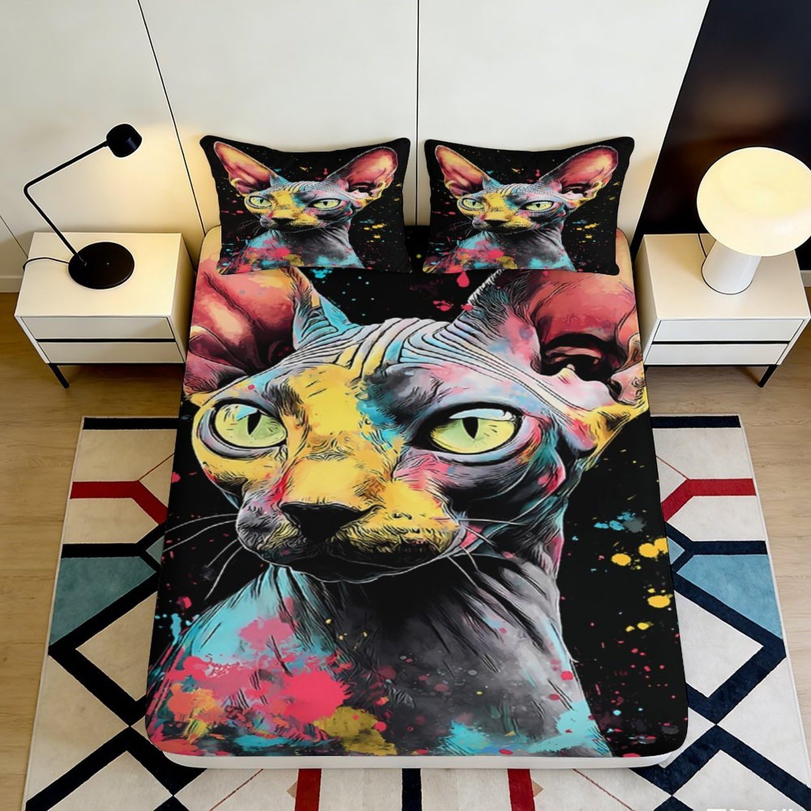 3D Printed Colorful Sphynx Cat Fitted Sheet Microfiber Soft Anti-Slip Artistic Cat Mattress Cover for Bedroom Decor 160x200x25cm