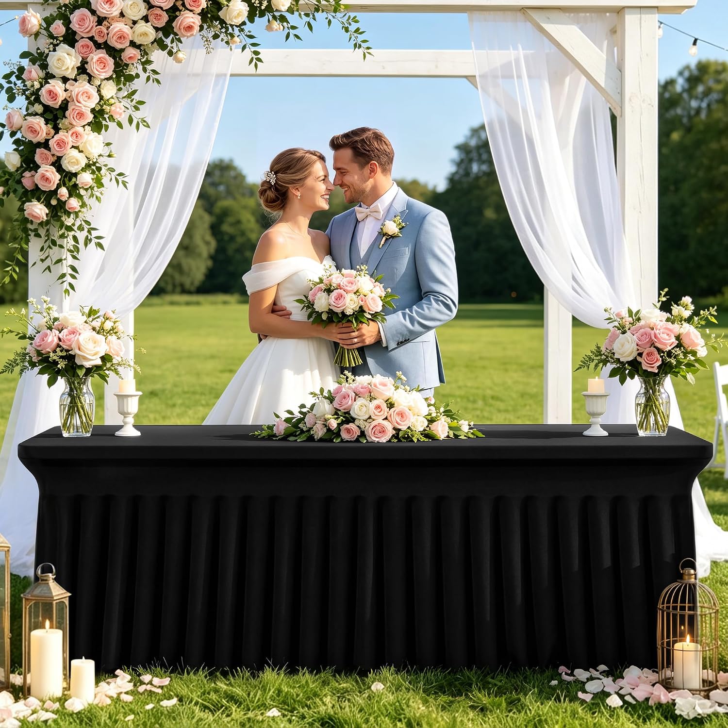 misaya Spandex Stretch Black Table Cloth Skirt for 6 Foot Rectangle Tables