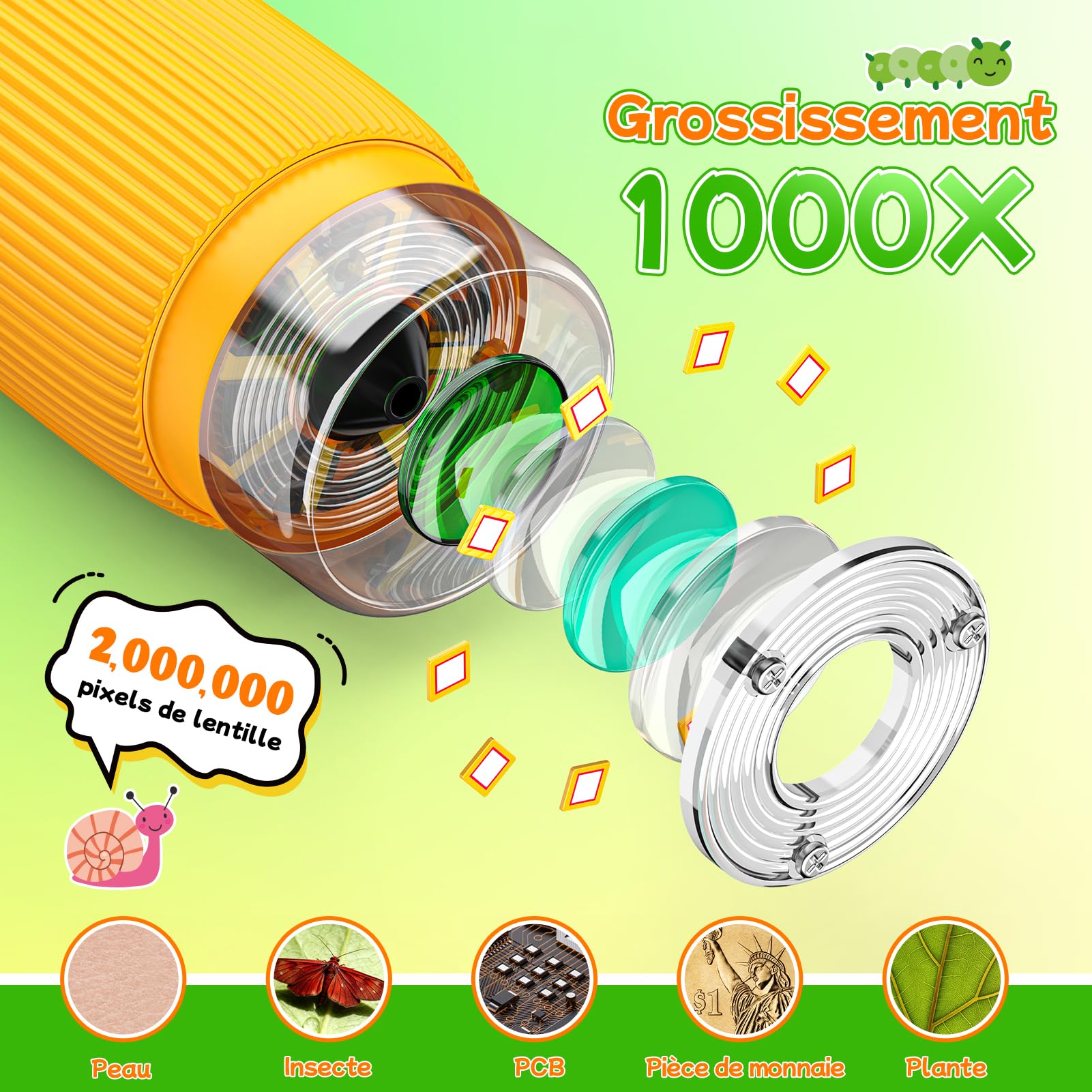 Microscope Numérique pour Enfants avec Écran IPS 2.0 Pouces, USB Rechargeable, 8 Lumières LED, Grossissement 1000x, Microscope Portable de Poche, Cadeau Garcon Fille 3-12 Ans - Cadeaux de Noël Enfants