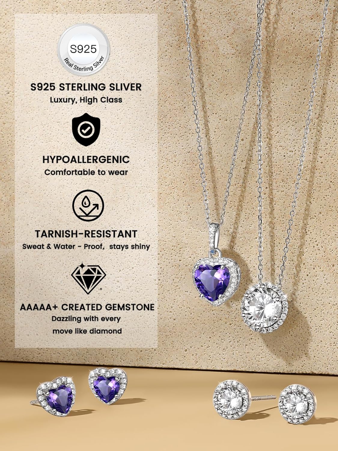 Bestyle Sparkling 925 Sterling Silver Birthstone Necklaces for Women, Created Heart/Round/Teardrop/Square Crystal Solitaire Pendant Diamond Necklace, Great Birthday/Anniversary/Wedding Gifts - Image 2