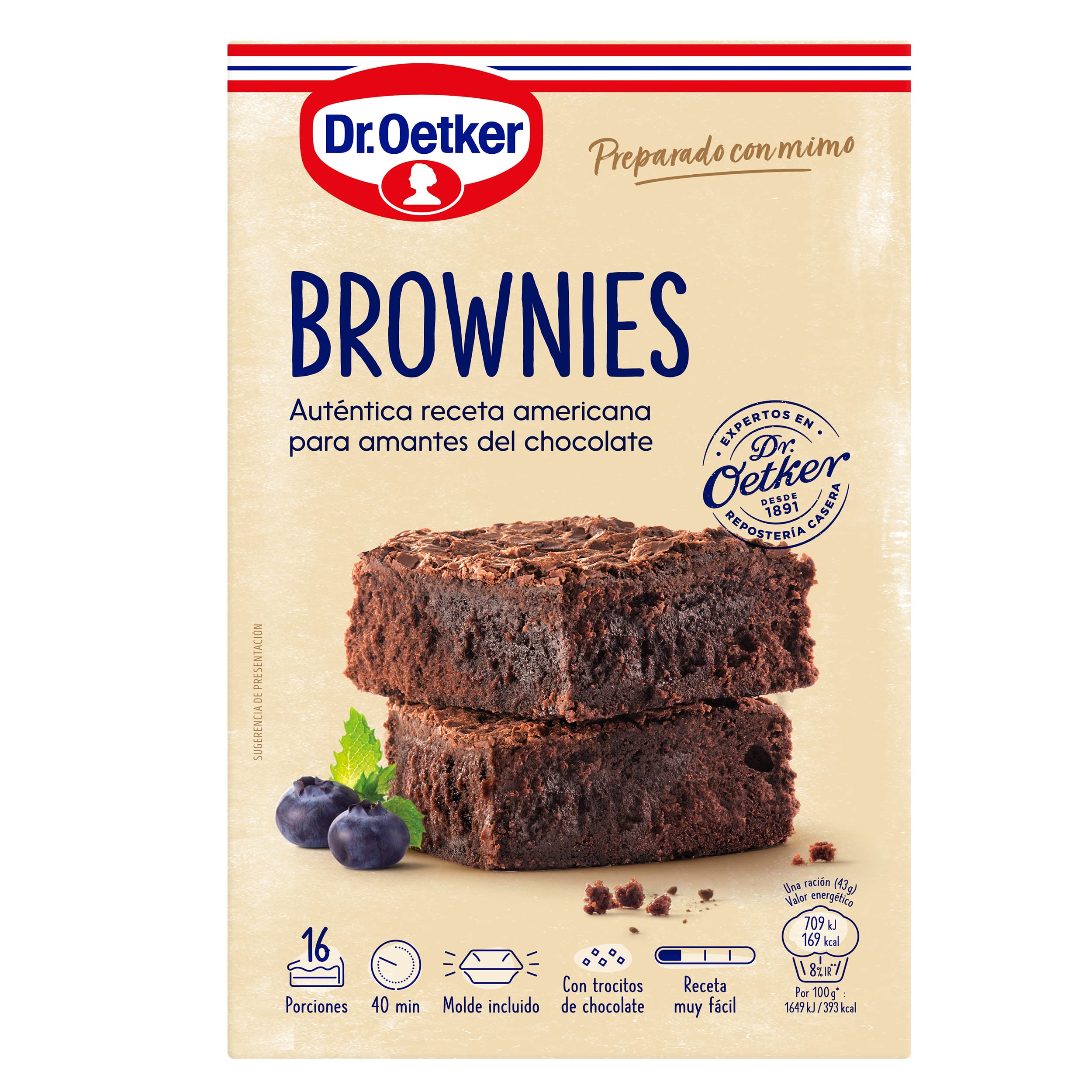 DR. OETKER Preparado para Brownies - Estuche con Preparado en Polvo para Hacer Brownies 450g y Molde Listo para Hornear - 16 Raciones