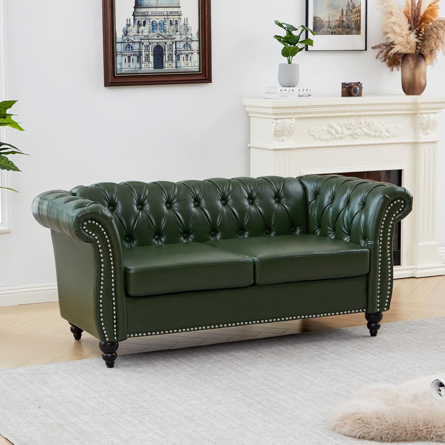 ORRD Chesterfield Loveseat, Modern Faux Leather Sofa Tufted Couch 2 Seater with Rolled Arms and Nailhead for Living Room, Bedroom, Office, Apartment (Green)