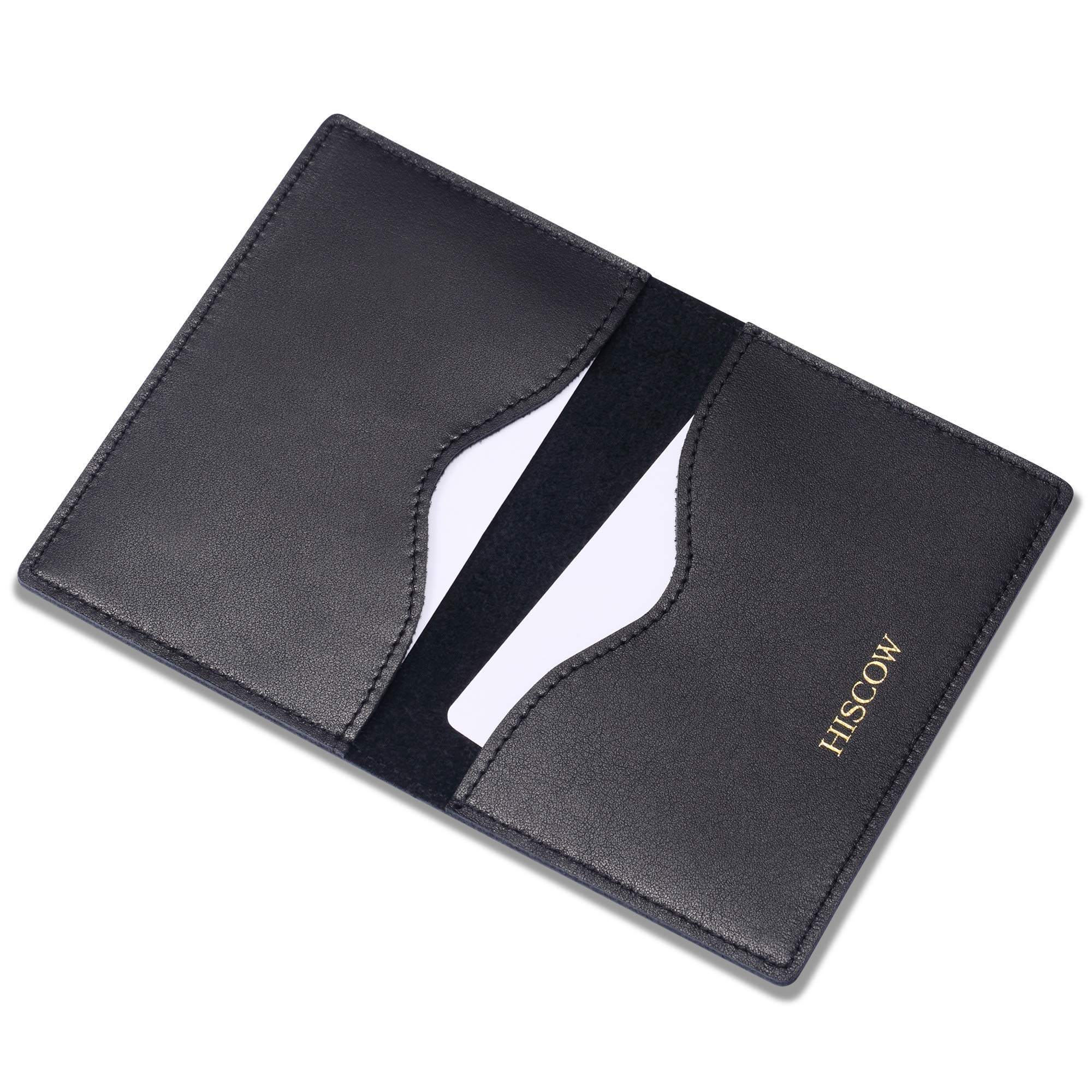 HISCOW Minimalist Thin Bifold Card Holder Italian Calfskin (Black, Gold logo), Small
