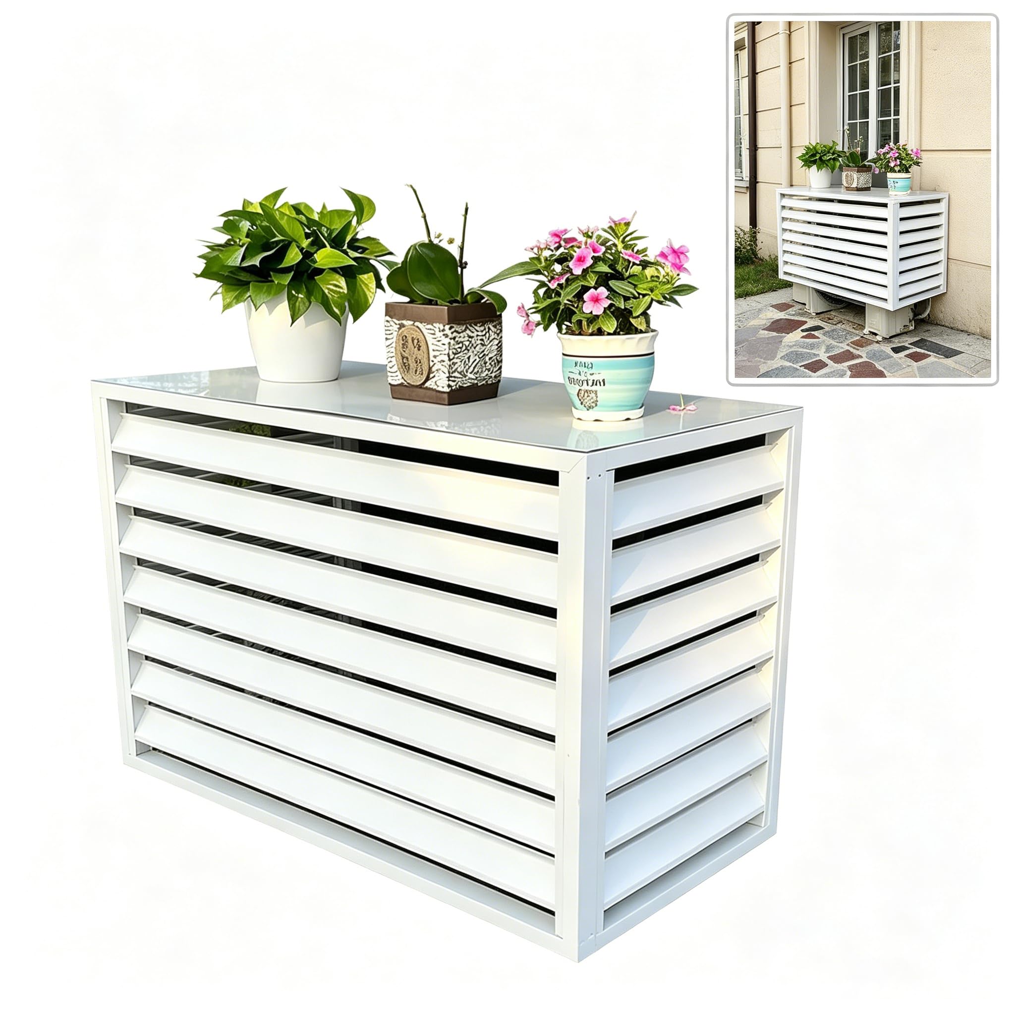 Protezione per unità esterna climatizzatore con copertura, struttura in alluminio verniciato elettrostaticamente, antiruggine antipioggia, ventilazione libera per unità 2~3 HP（Bianco 110×60×80cm）