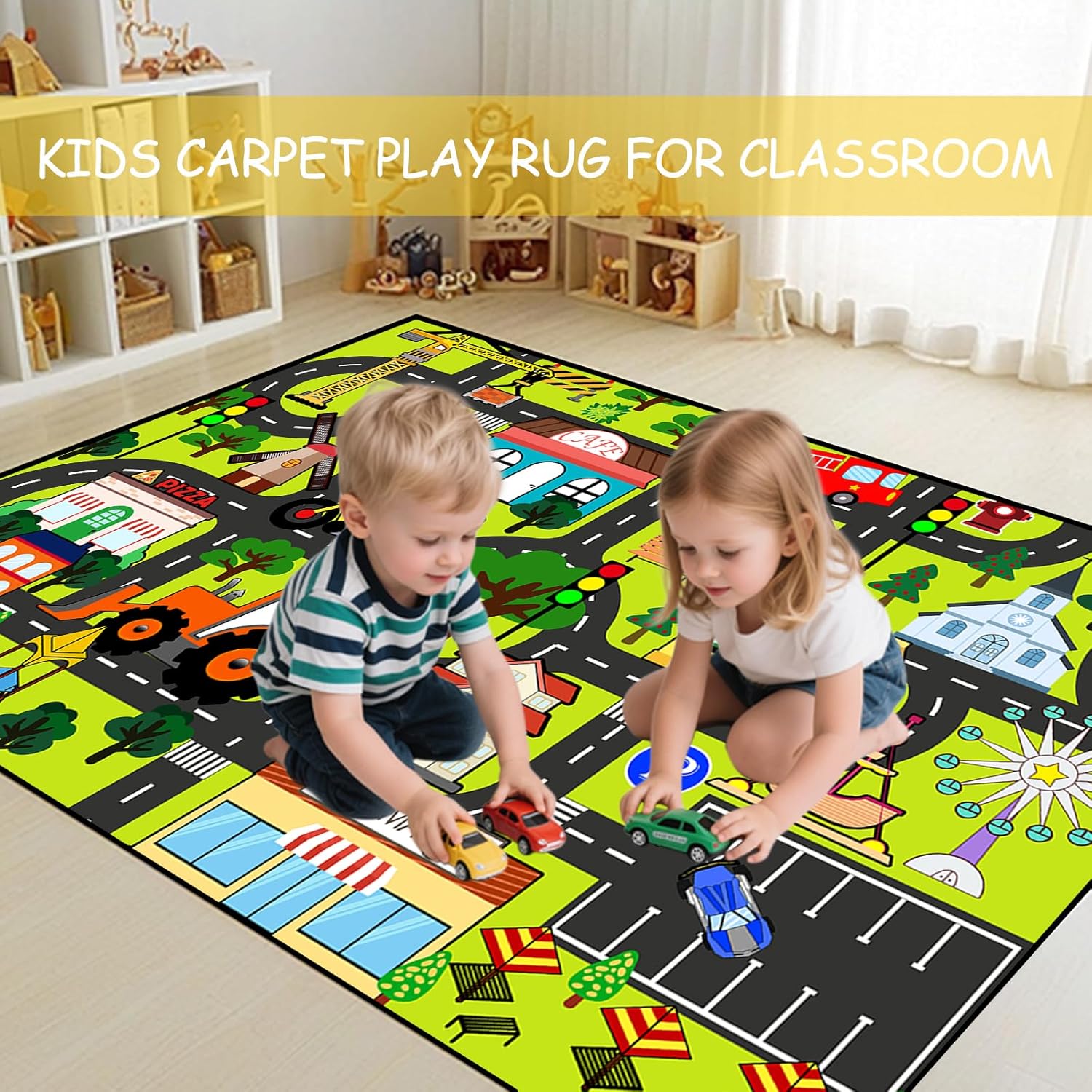 Kids Carpet Playmat Rug - Car Carpet for Kids 4.5x6 Feet, Large Educational Play Mat Town Traffic Road Map Rug City Life Car Mat for Kids Toy for Bedroom Classroom Nursery Room