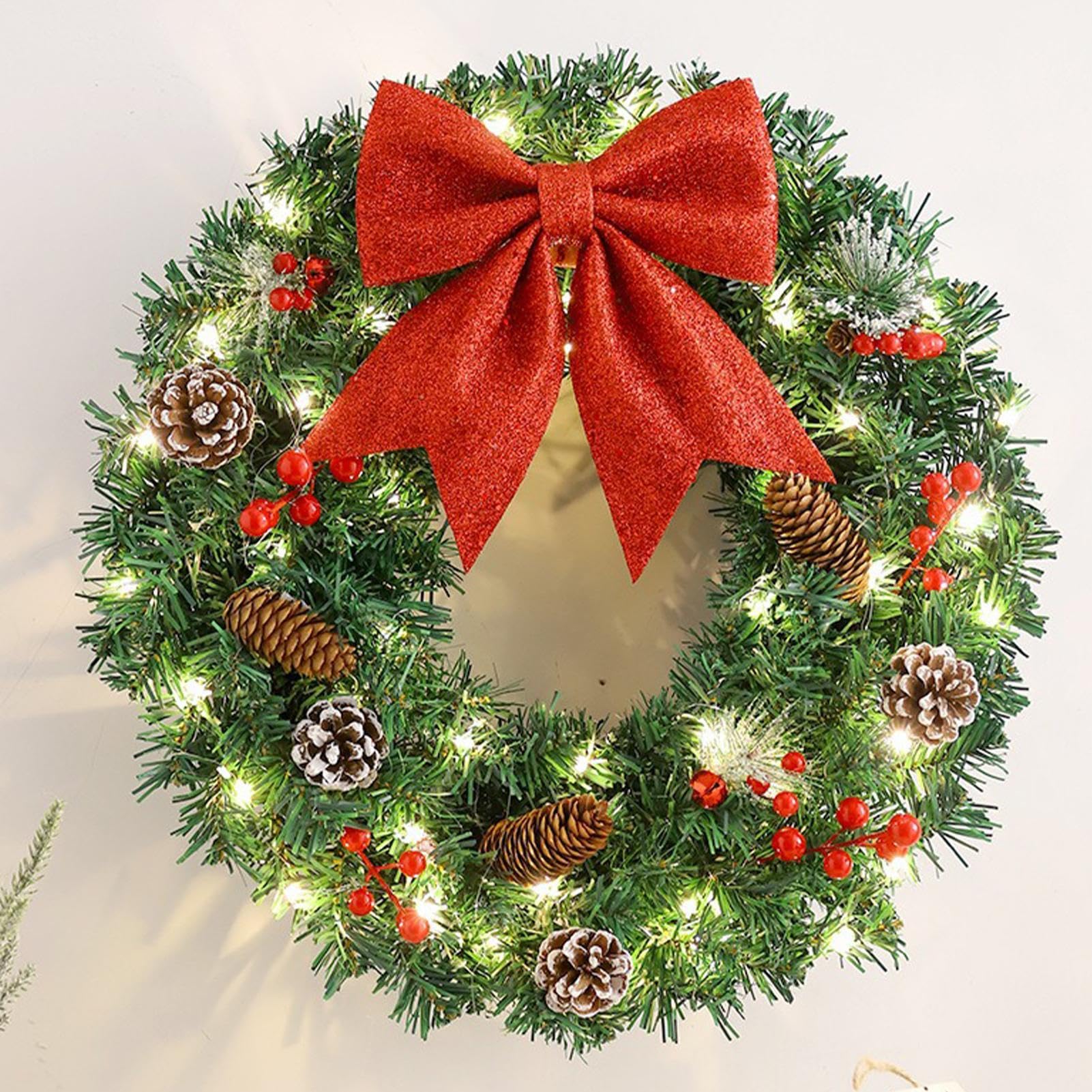 Couronne de Noël artificielle pré-éclairée avec nœud papillon rouge - Couronne d'hiver lumineuse - Couronne de porte de Noël de 50 cm - Fournitures de fête pour porte, mur, cheminée, décoration de