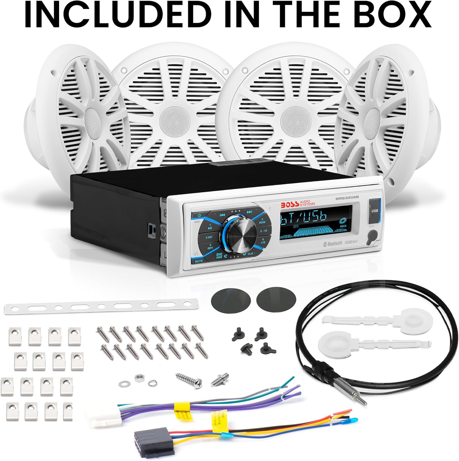 Contents of the BOSS Audio Systems MCK632WB.64 package including receiver, speakers, wiring harness, mounting hardware, and remote control
