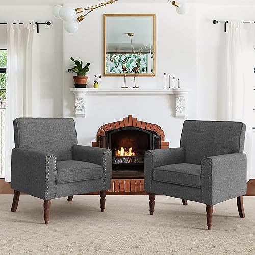 LUE BONA Sillas de sala de estar beige, sillas decorativas tapizadas con ribete de cabeza de clavo, silla acogedora de tela de lino para dormitorio,