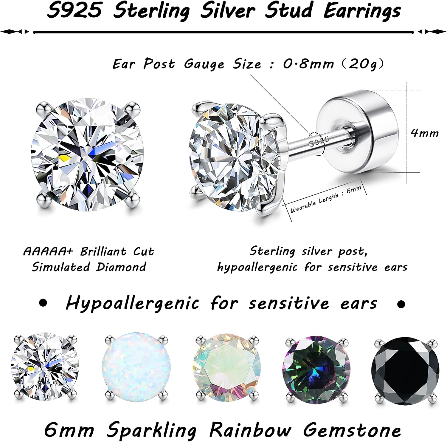 MILACOLATO 5 Pairs 925 Sterling Silver Stud Earrings for Women 20G Flat Back Earrings Helix Cartilage Earrings Cubic Zirconia Opal Earrings Comfort Back Sleep Post Earrings Hypoallergenic