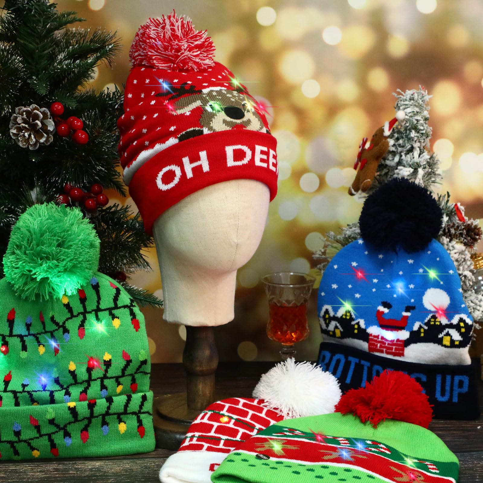Xtinmee 9 gorros de Navidad con luz LED, gorro de punto de Navidad, sombrero de invierno para fiesta de Navidad, adultos y niños