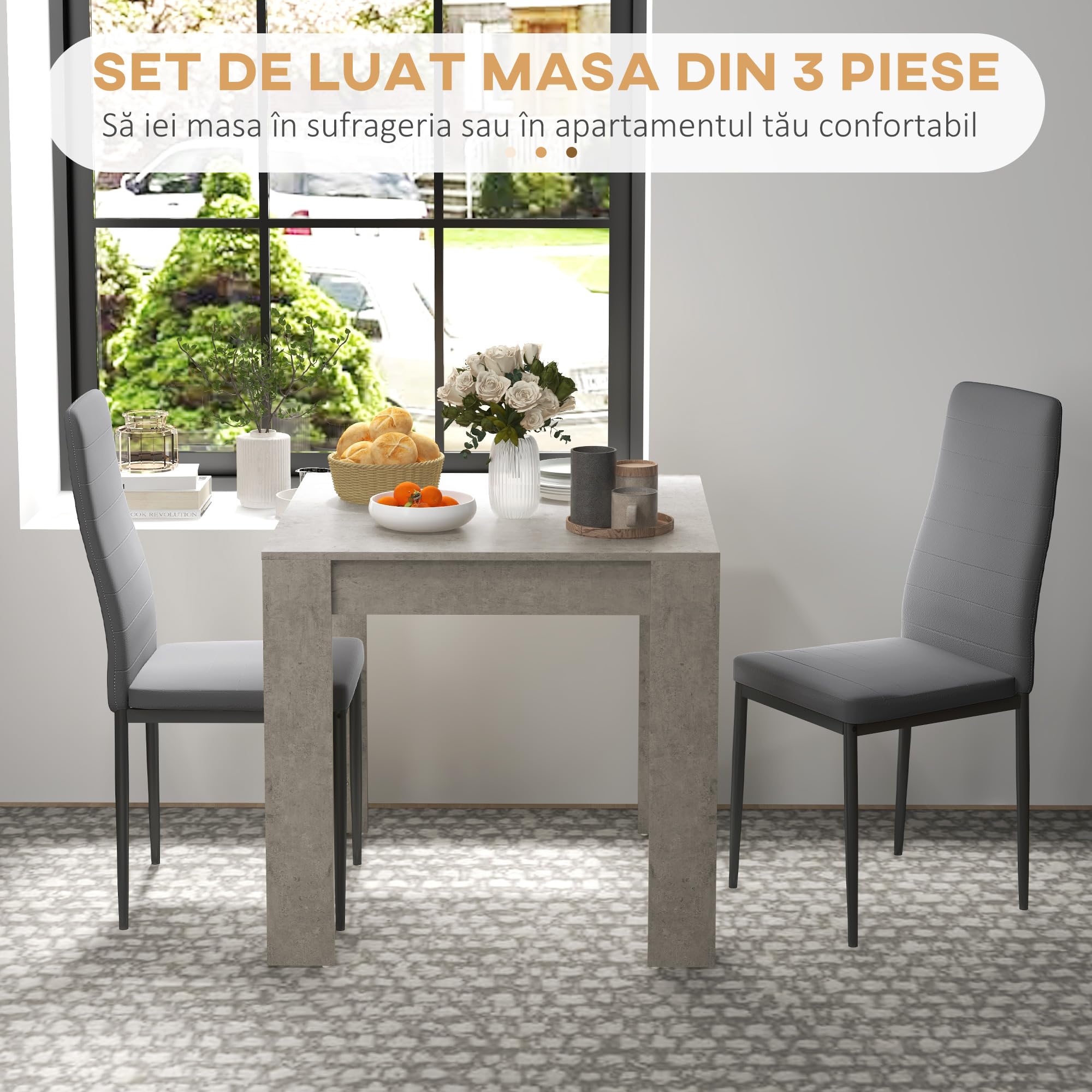 HOMCOM Set da Pranzo 3 Pezzi con Tavolo da Cucina 80x80x76 cm e 2 Sedie Moderne e Salvaspazio 41x50x97 cm, in MDF, Acciaio e Pelle PU, Grigio