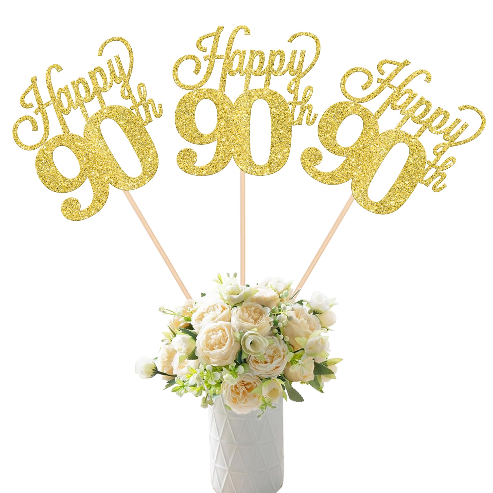 12 Pack Happy 90th Centerpiece Sticks Glitter Number 90 Ninety 90th Birthday Table Flower Centerpiece Sticks for Cheers to 90 Years Old 90th Birthday