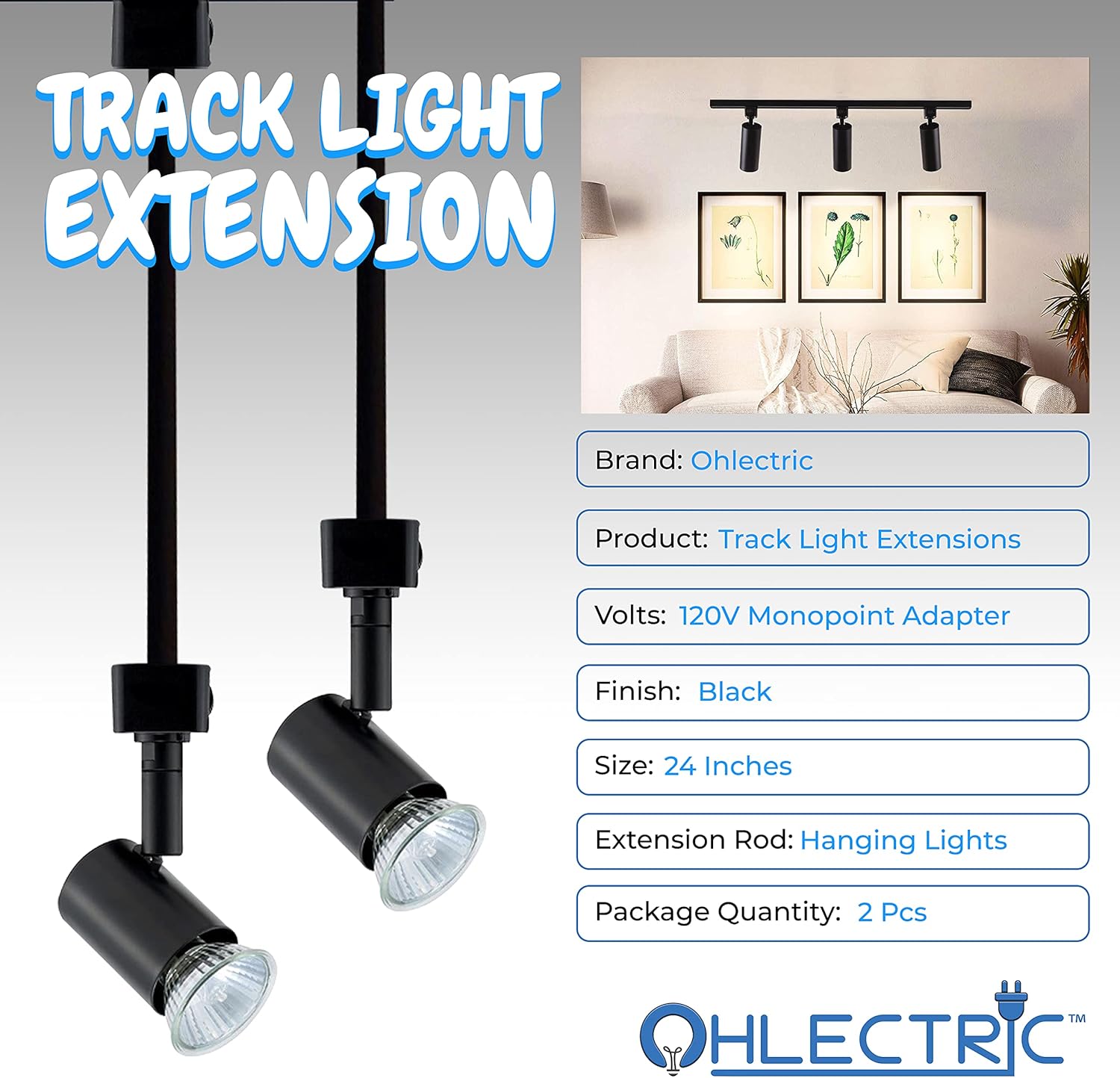 OHLECTRIC Track Light Extension Rod (2 Pack) - Lowers Track Head for H Track - Black, 24 Inches