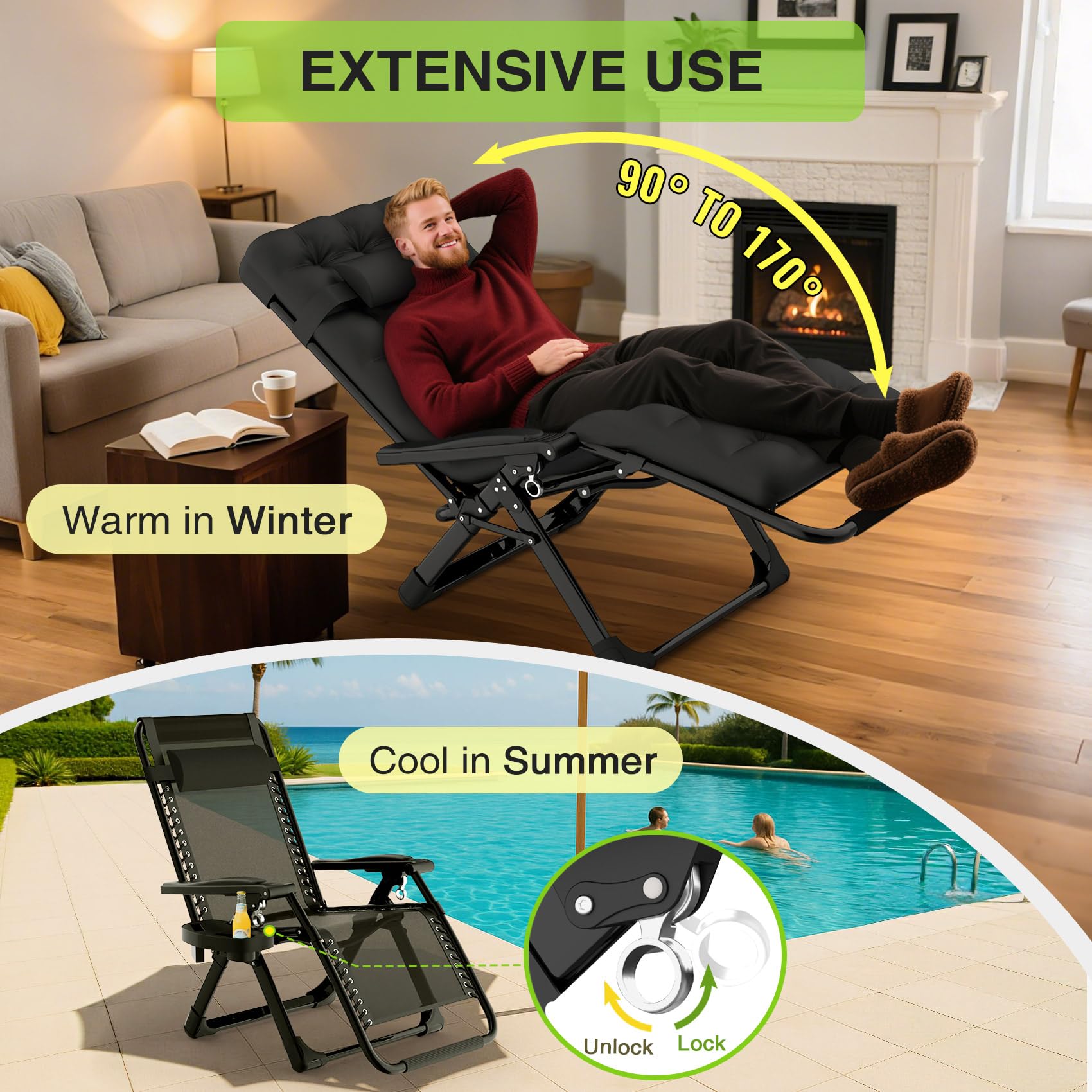 Suteck Zero-Gravity-Sessel, Sonnenliege Klappbar，Verstellbarer Liegesessel mit Abnehmbarem Kissen, Getränkehalter und Verbesserter Arretierung, Klappbarer Camping- und Terrassenstuhl für Erwachsene