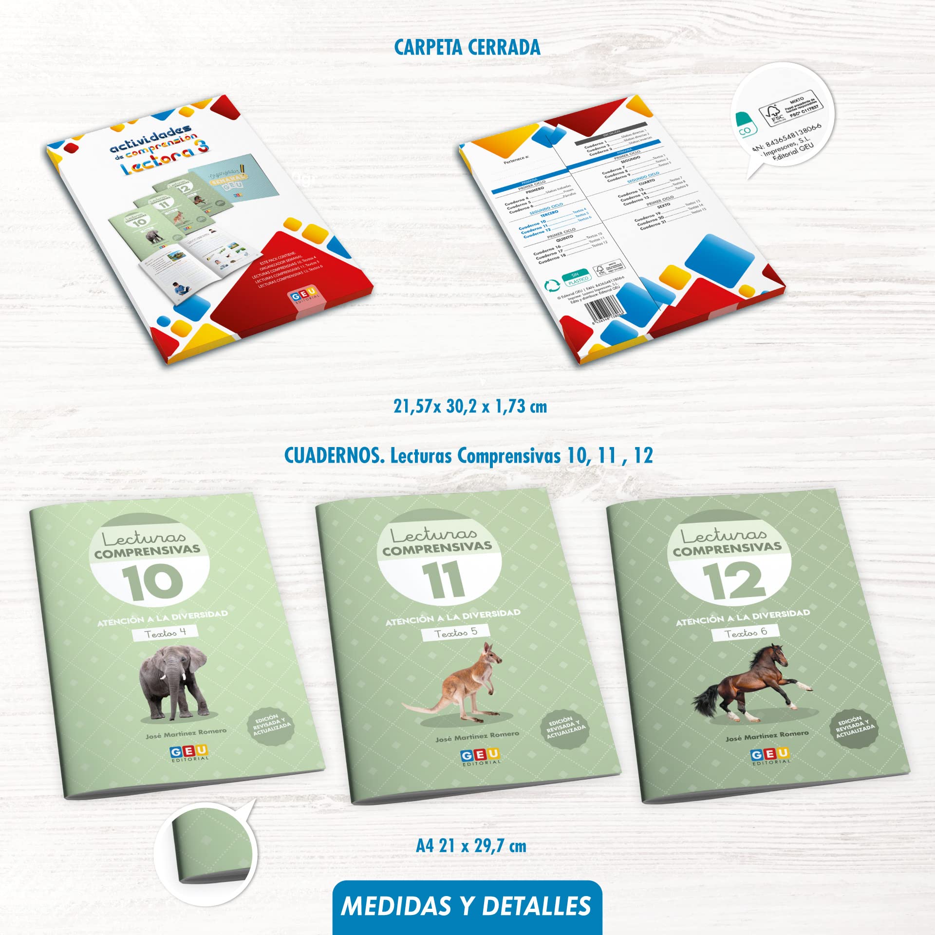 LECTURAS COMPRENSIVAS GEU | Comprensión Lectora 3 Primaria | Pack de Lecturas Comprensivas 10 11 y 12. Incluye Organizador Semanal