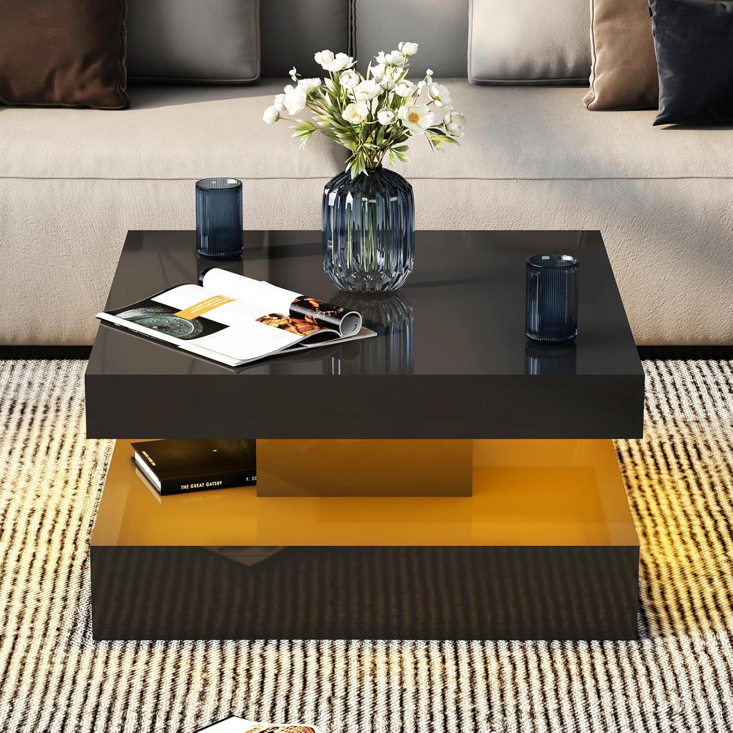 KEEPREAPER Black Glossy Square Coffee Table for Living Room, Modern Coffee Tables with Storage, LED Light Coffee Table 2-Tier Square Middle Center Table,Contemporary Wood Tea Tables for Dining